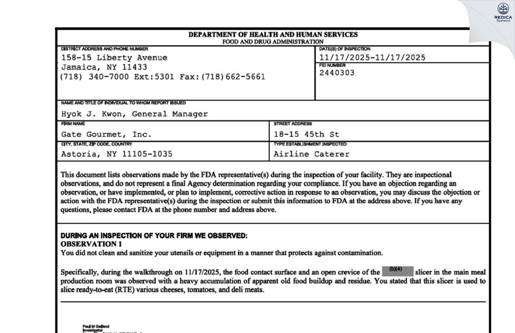 FDA 483 - Gate Gourmet, Inc. [Astoria / United States of America] - Download PDF - Redica Systems