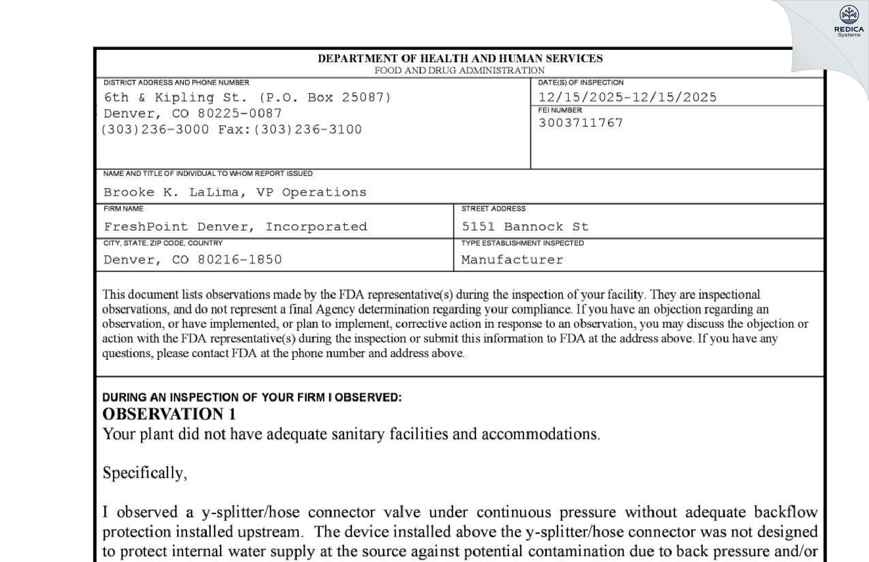 FDA 483 - FreshPoint Denver, Incorporated [Denver / United States of America] - Download PDF - Redica Systems