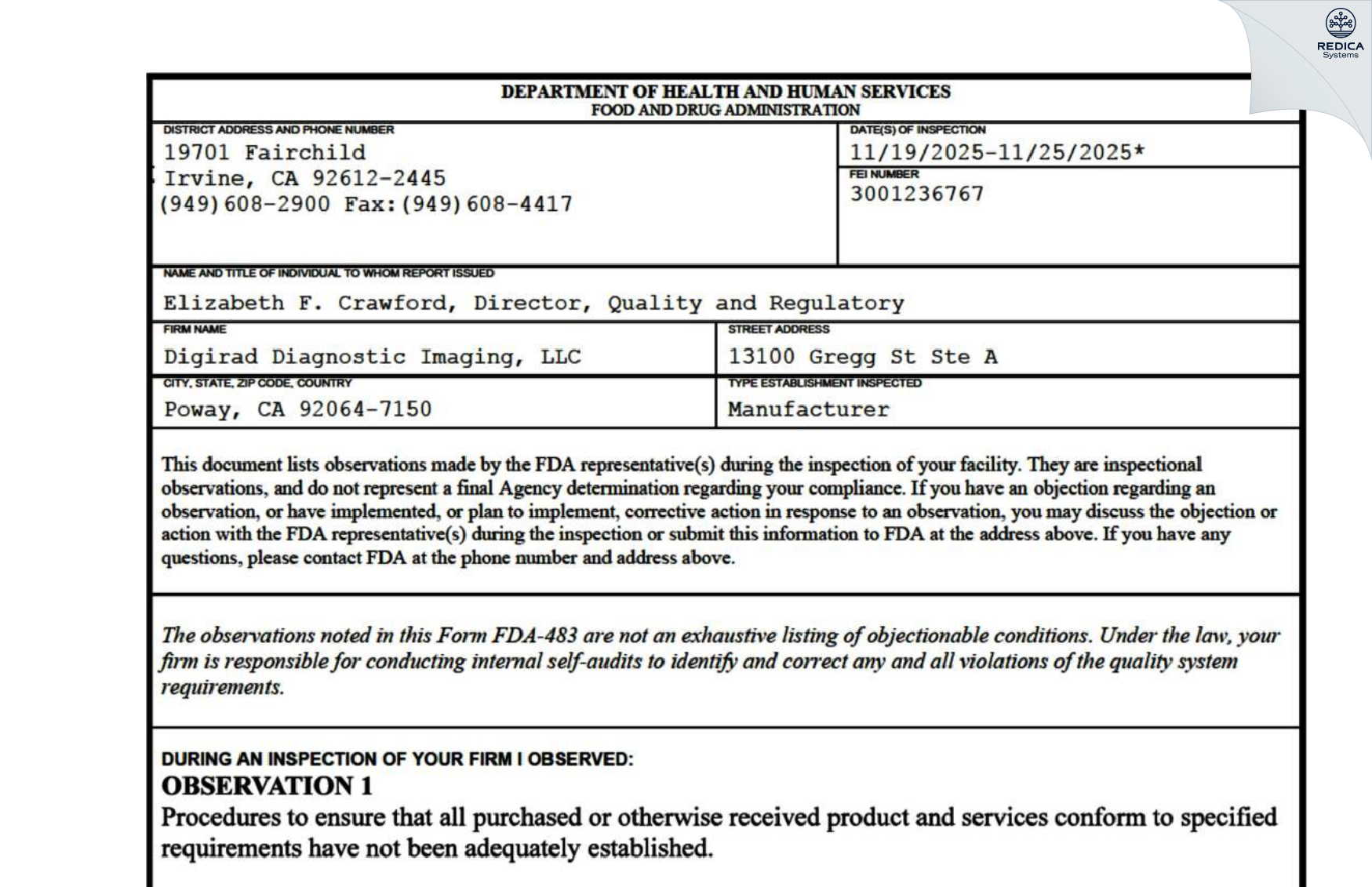 FDA 483 - Digirad Corporation [Poway / United States of America] - Download PDF - Redica Systems