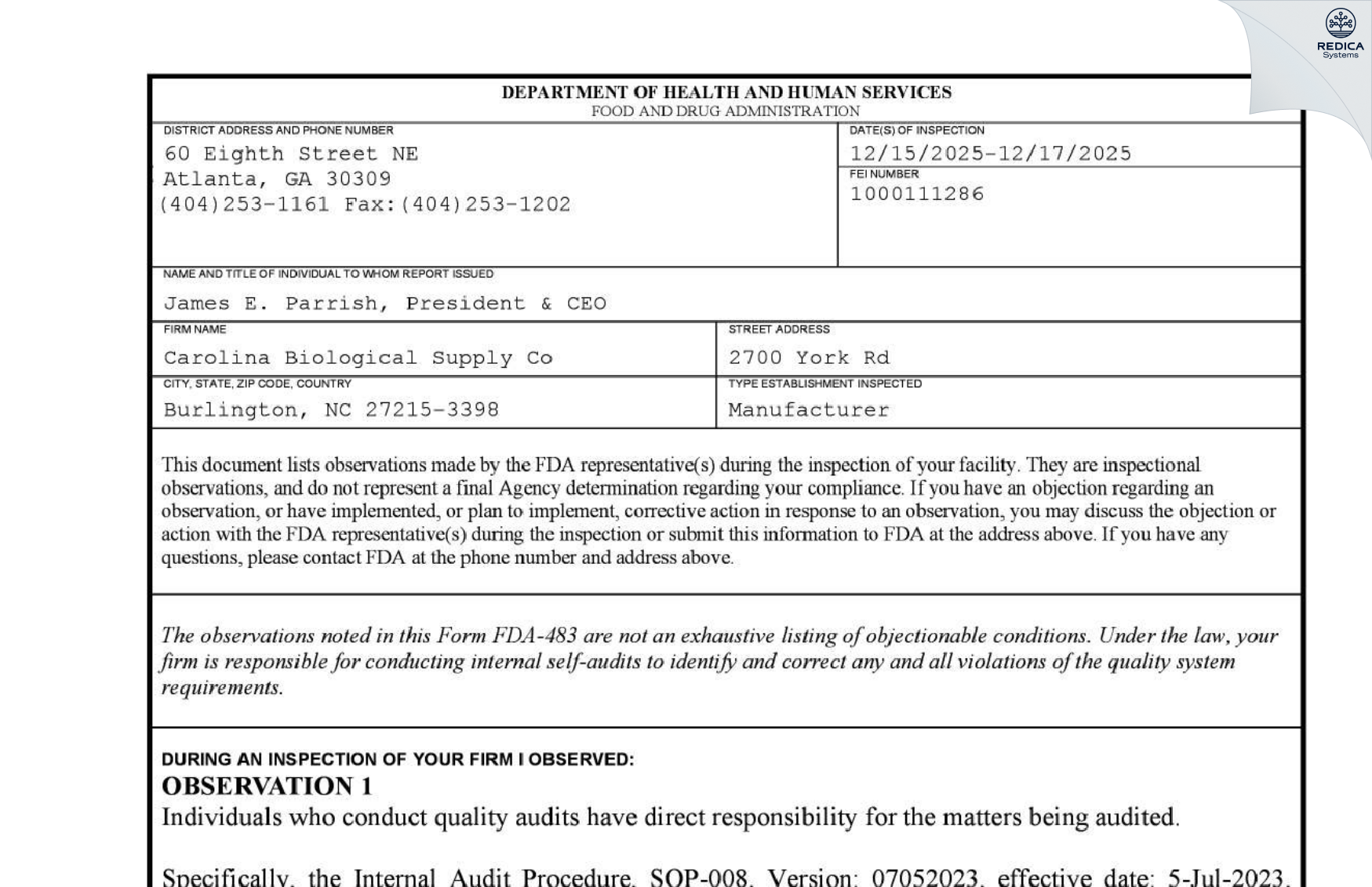 FDA 483 - Carolina Biological Supply Co [Burlington / United States of America] - Download PDF - Redica Systems