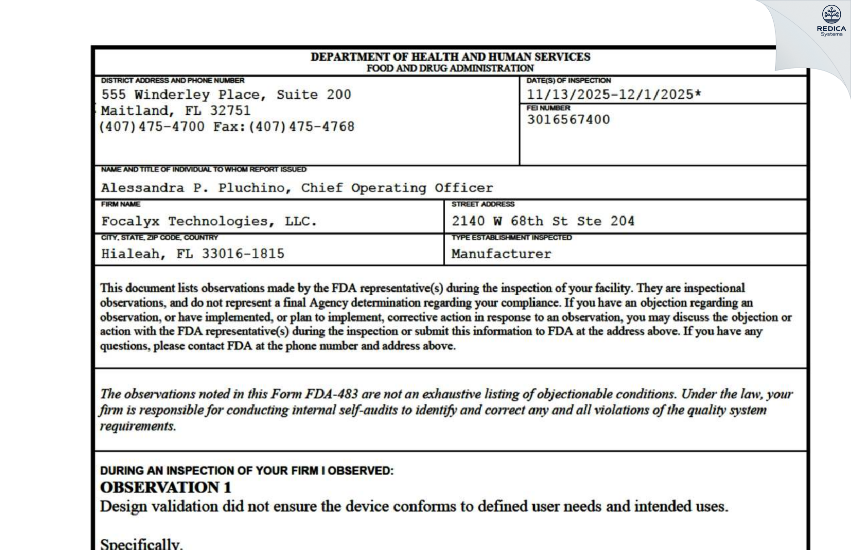 FDA 483 - Focalyx Technologies [Hialeah / United States of America] - Download PDF - Redica Systems