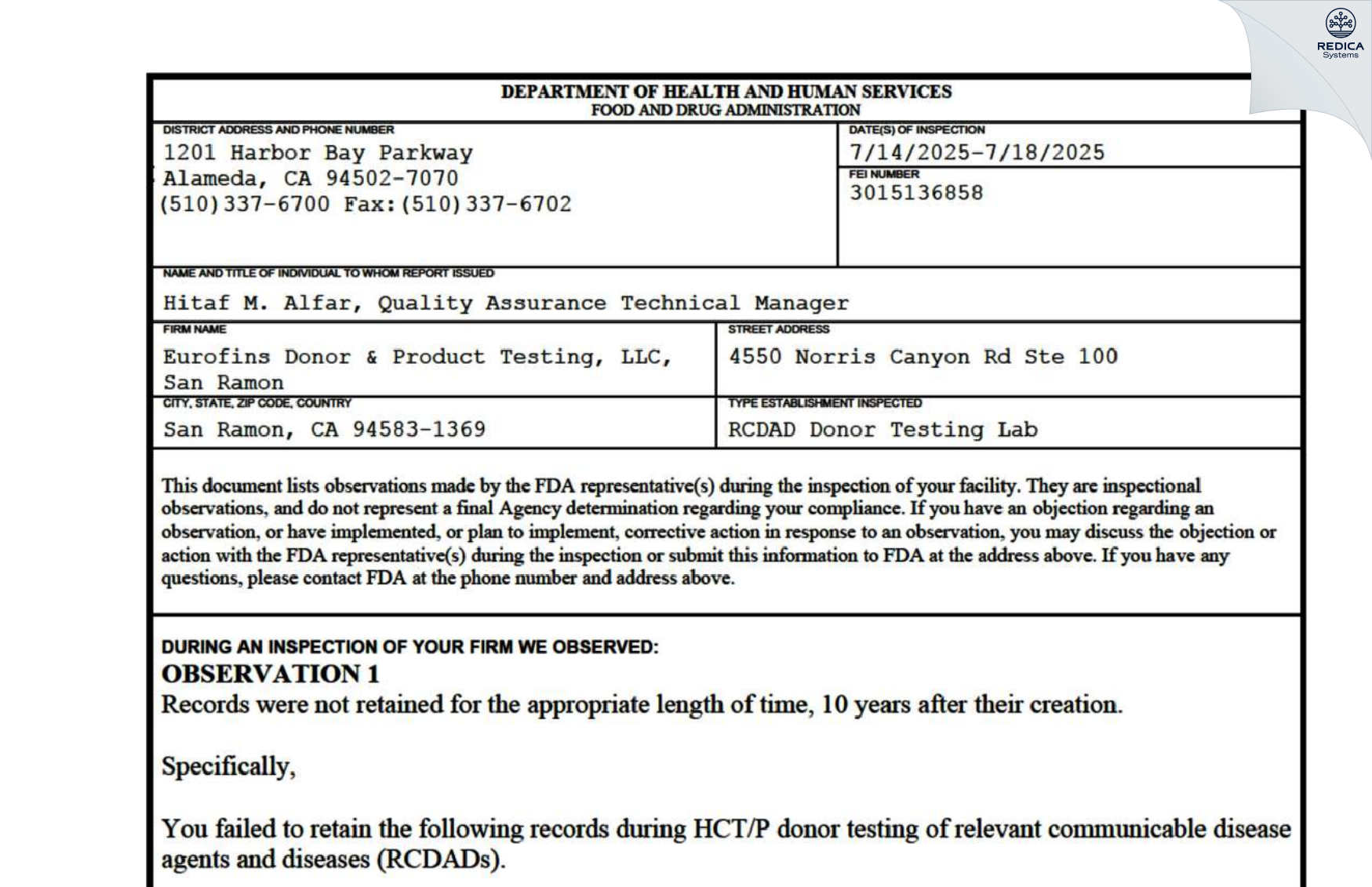 FDA 483 - VRL Eurofins [San Ramon / United States of America] - Download PDF - Redica Systems