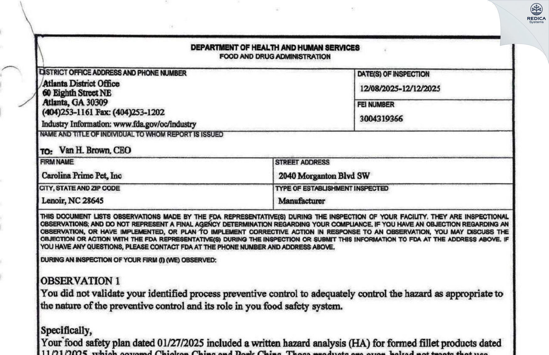 FDA 483 - Carolina Prime Pet, Inc. [Lenoir / United States of America] - Download PDF - Redica Systems
