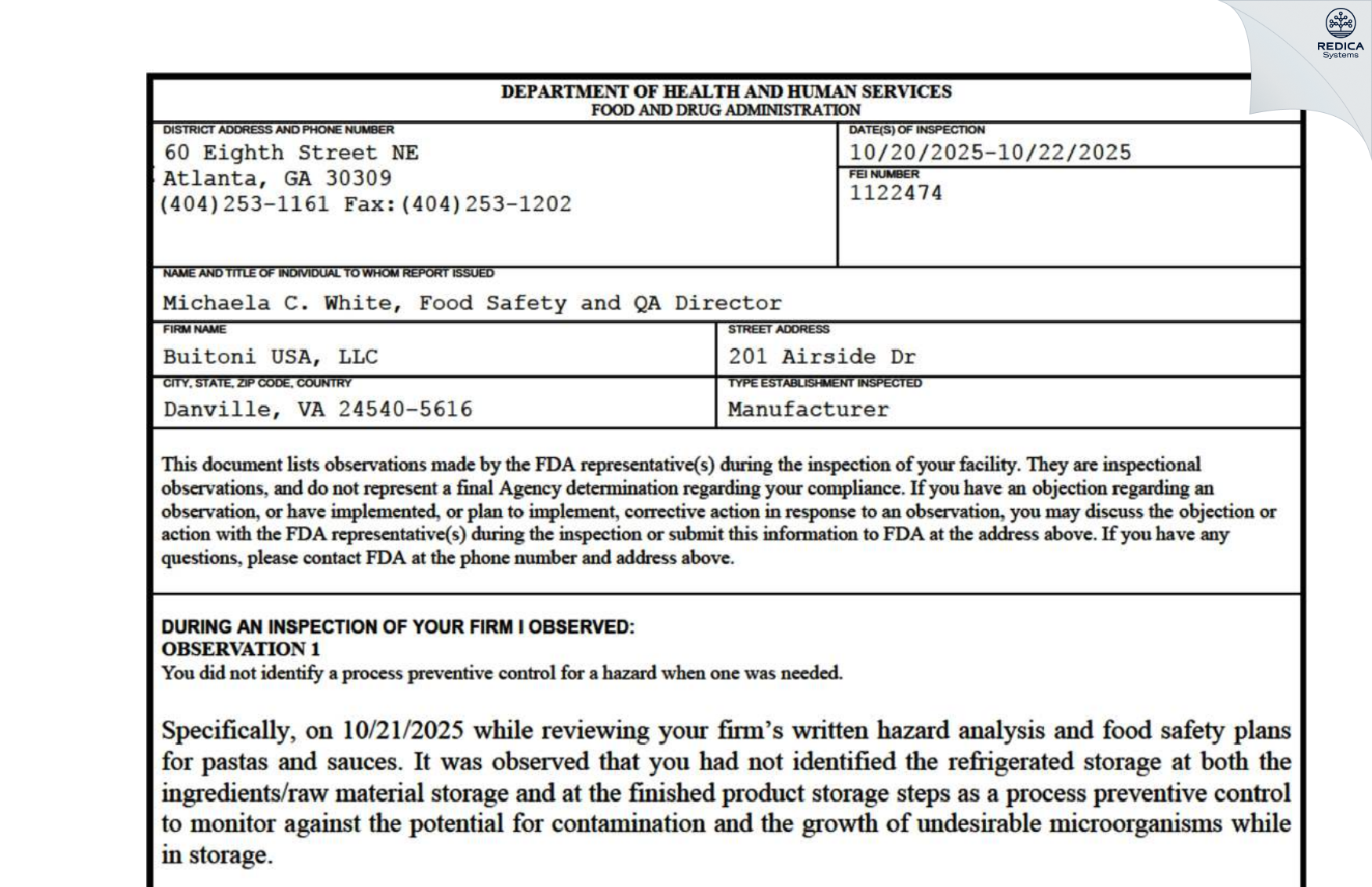 FDA 483 - Buitoni Food Company [Danville / United States of America] - Download PDF - Redica Systems