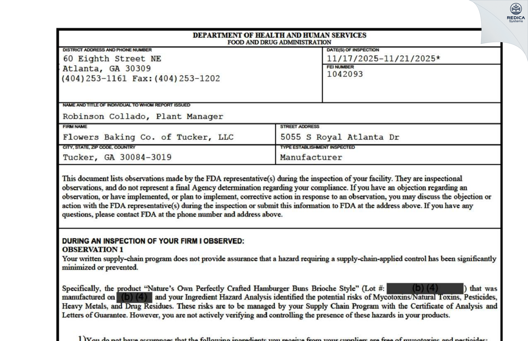 FDA 483 - Flowers Baking Co. of Tucker, LLC [Tucker / United States of America] - Download PDF - Redica Systems