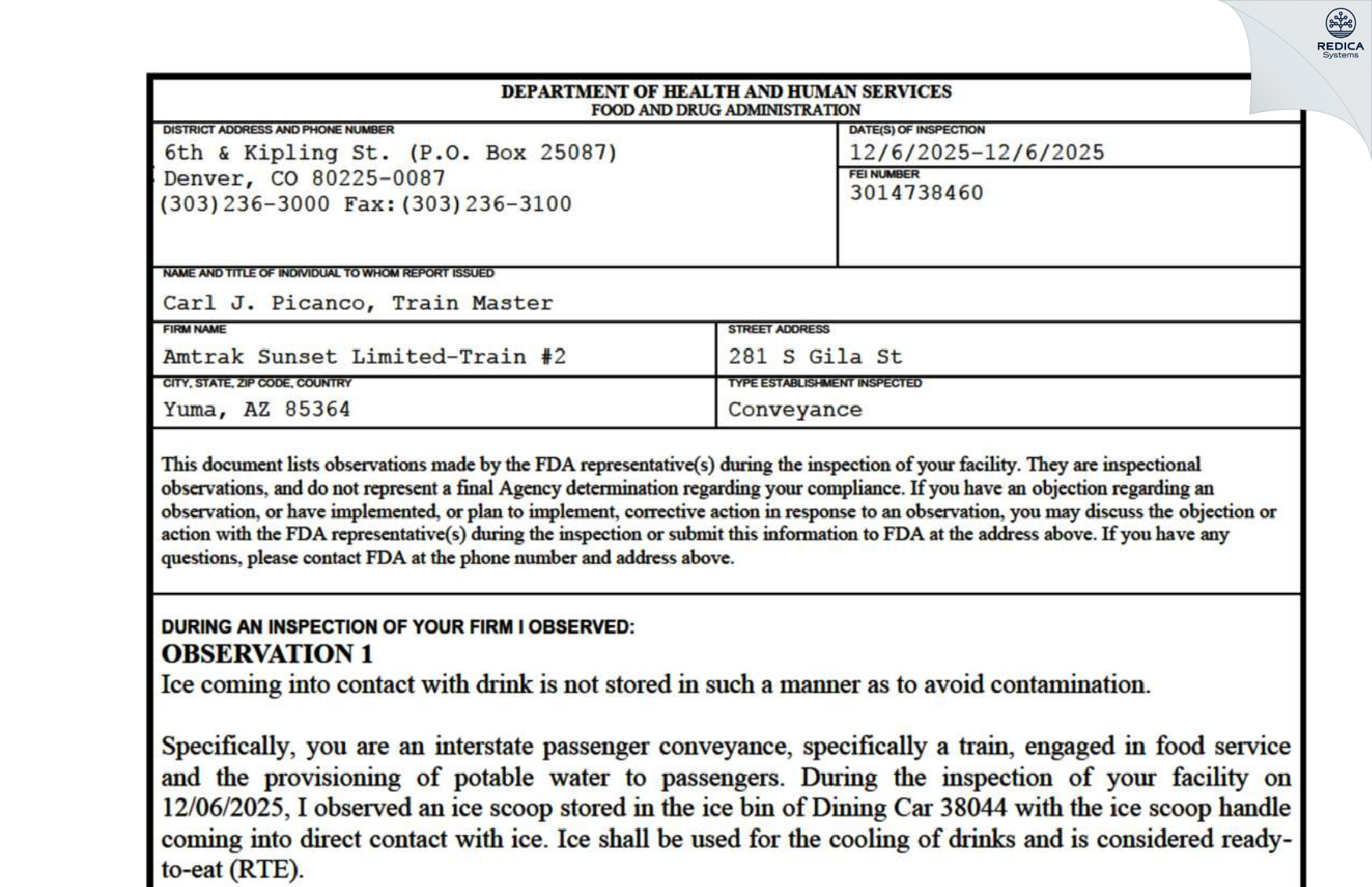 FDA 483 - Amtrak Sunset Limited-Train #2 [Yuma / United States of America] - Download PDF - Redica Systems