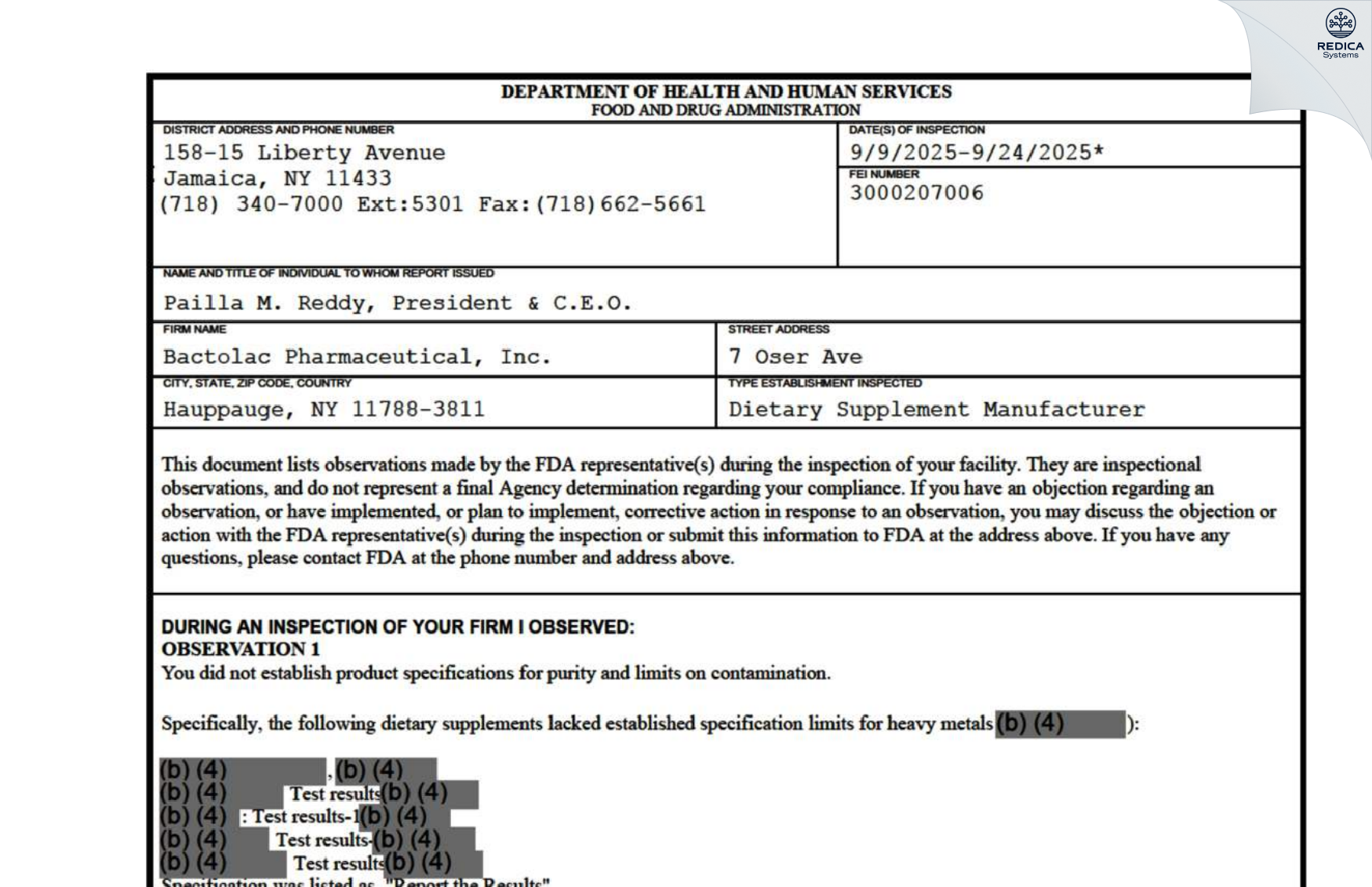 FDA 483 - Bactolac Pharmaceutical, Inc. [Hauppauge / United States of America] - Download PDF - Redica Systems