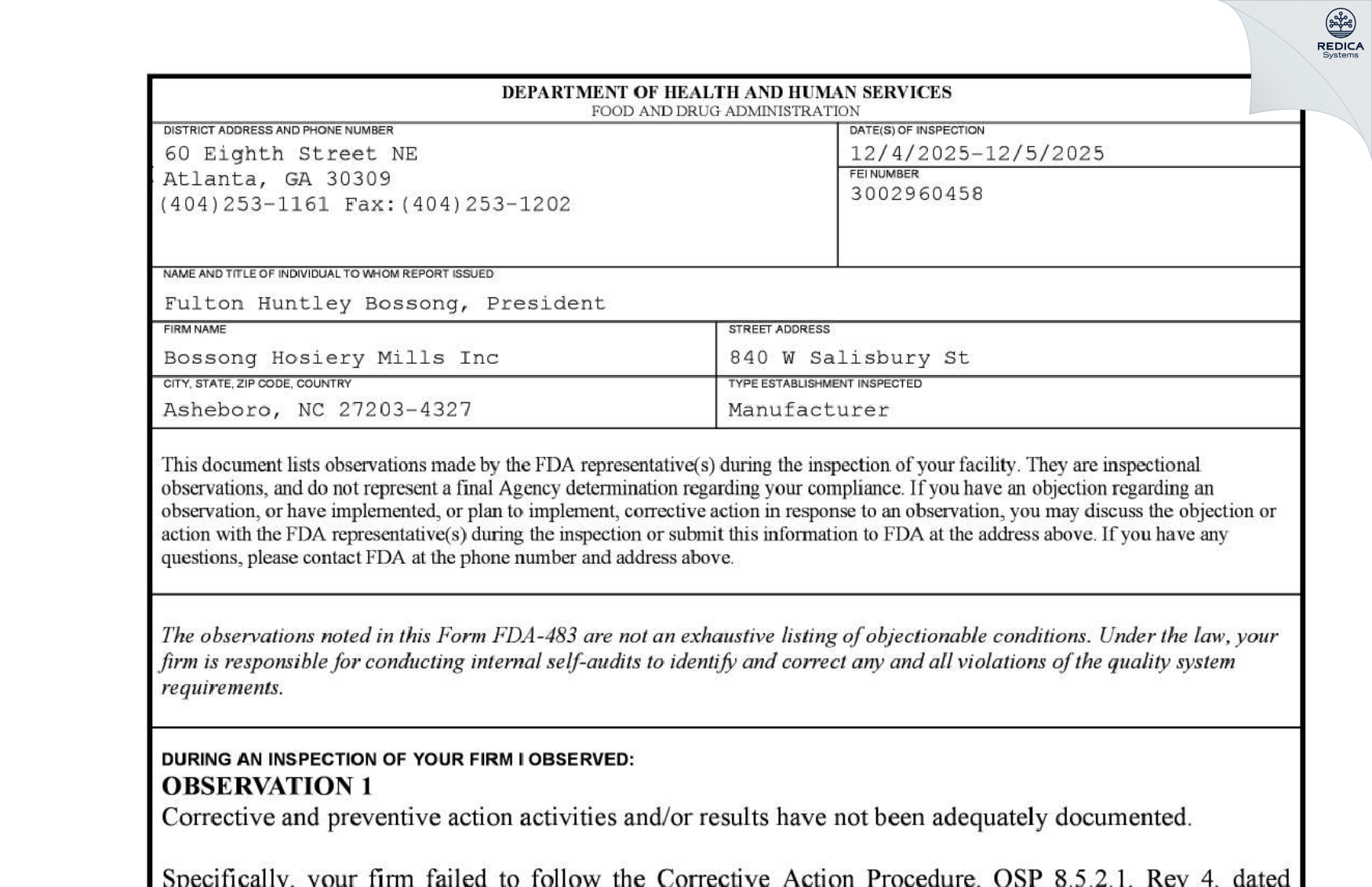 FDA 483 - Bossong Hosiery Mills [Asheboro / United States of America] - Download PDF - Redica Systems