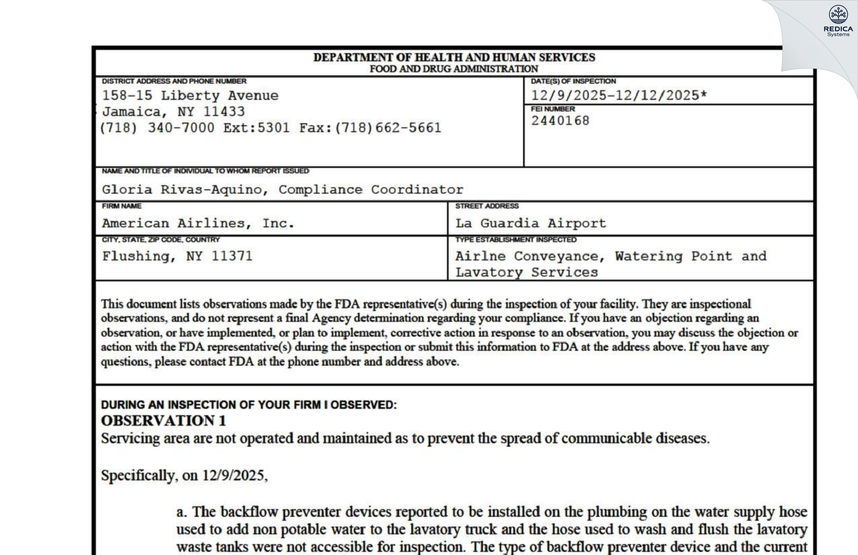 FDA 483 - American Airlines, Inc. [Flushing / United States of America] - Download PDF - Redica Systems
