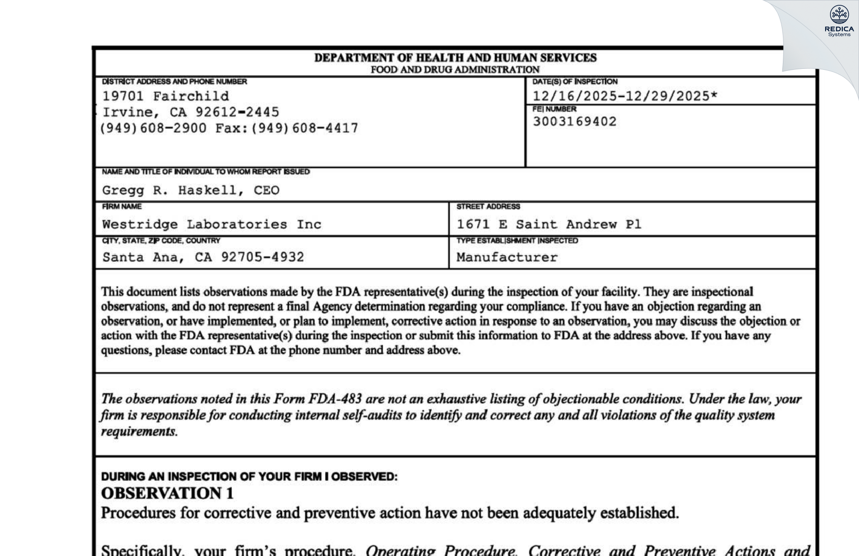 FDA 483 - Westridge Laboratories Inc [Santa Ana / United States of America] - Download PDF - Redica Systems