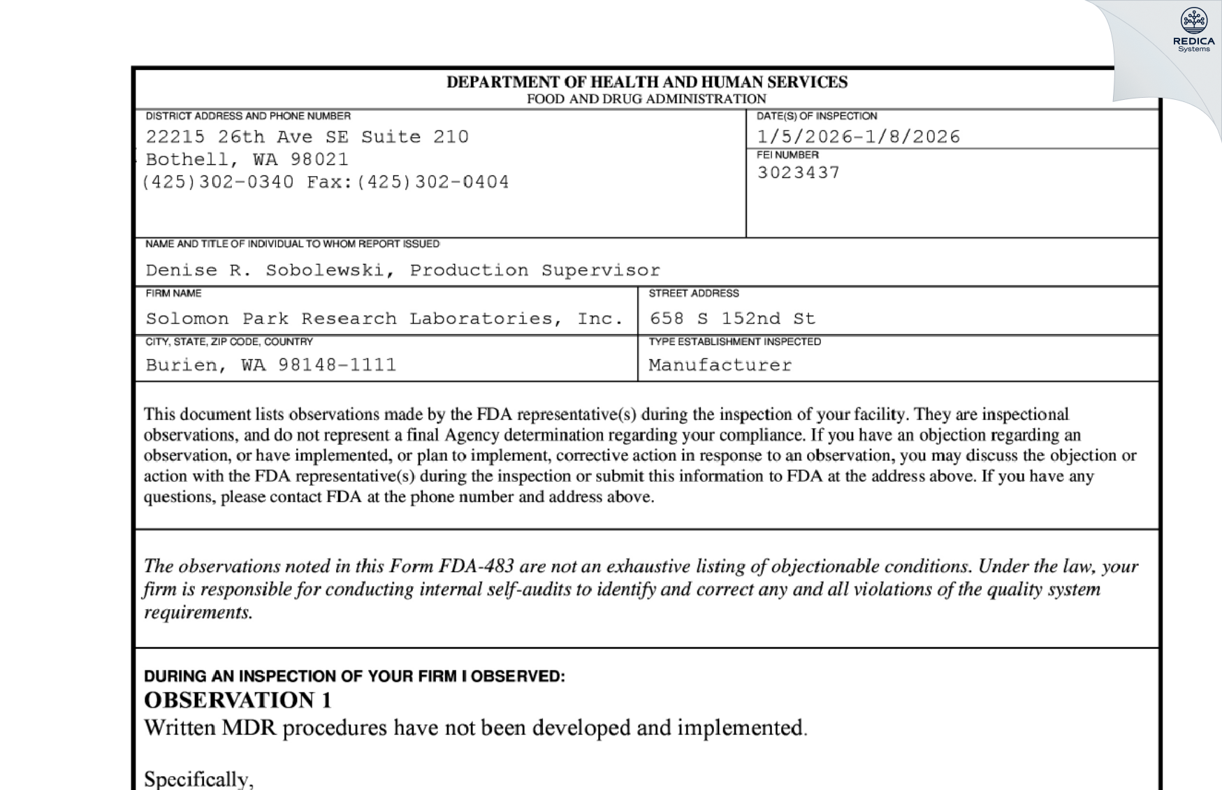 FDA 483 - Solomon Park Research Laboratories [Burien / United States of America] - Download PDF - Redica Systems