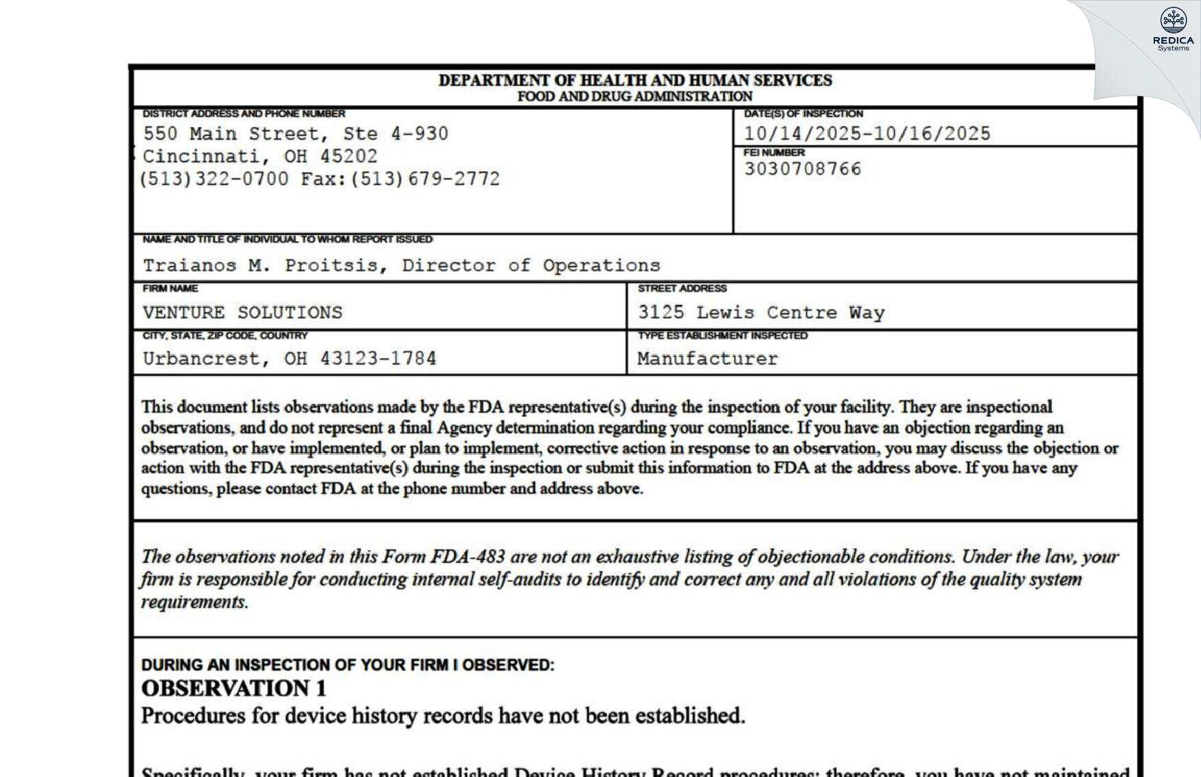FDA 483 - VENTURE SOLUTIONS [Urbancrest / United States of America] - Download PDF - Redica Systems