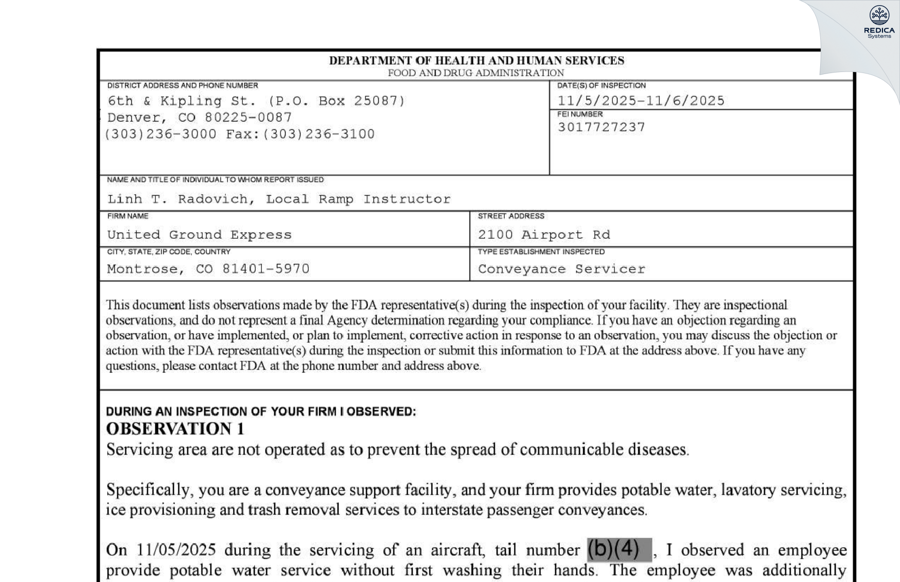 FDA 483 - United Ground Express [Montrose / United States of America] - Download PDF - Redica Systems