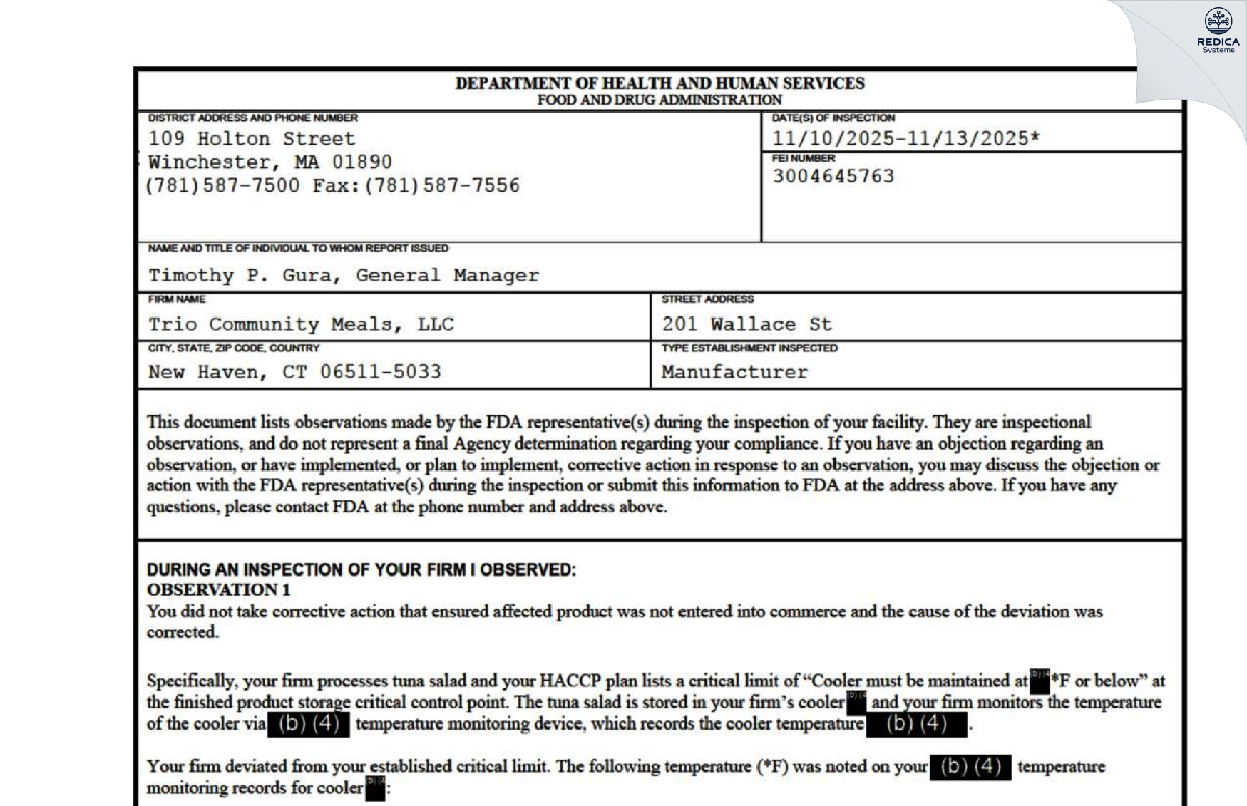 FDA 483 - Trio Community Meals, LLC [New Haven / United States of America] - Download PDF - Redica Systems
