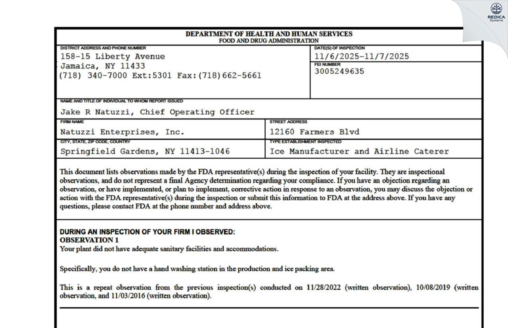 FDA 483 - Natuzzi Brothers Ice Co. Inc. [Saint Albans / United States of America] - Download PDF - Redica Systems