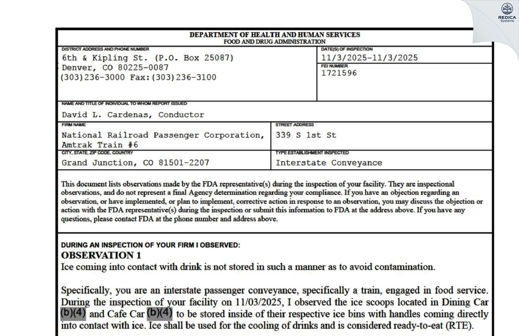 FDA 483 - National Railroad Passenger Corporation, Amtrak Train #6 [Grand Junction / United States of America] - Download PDF - Redica Systems