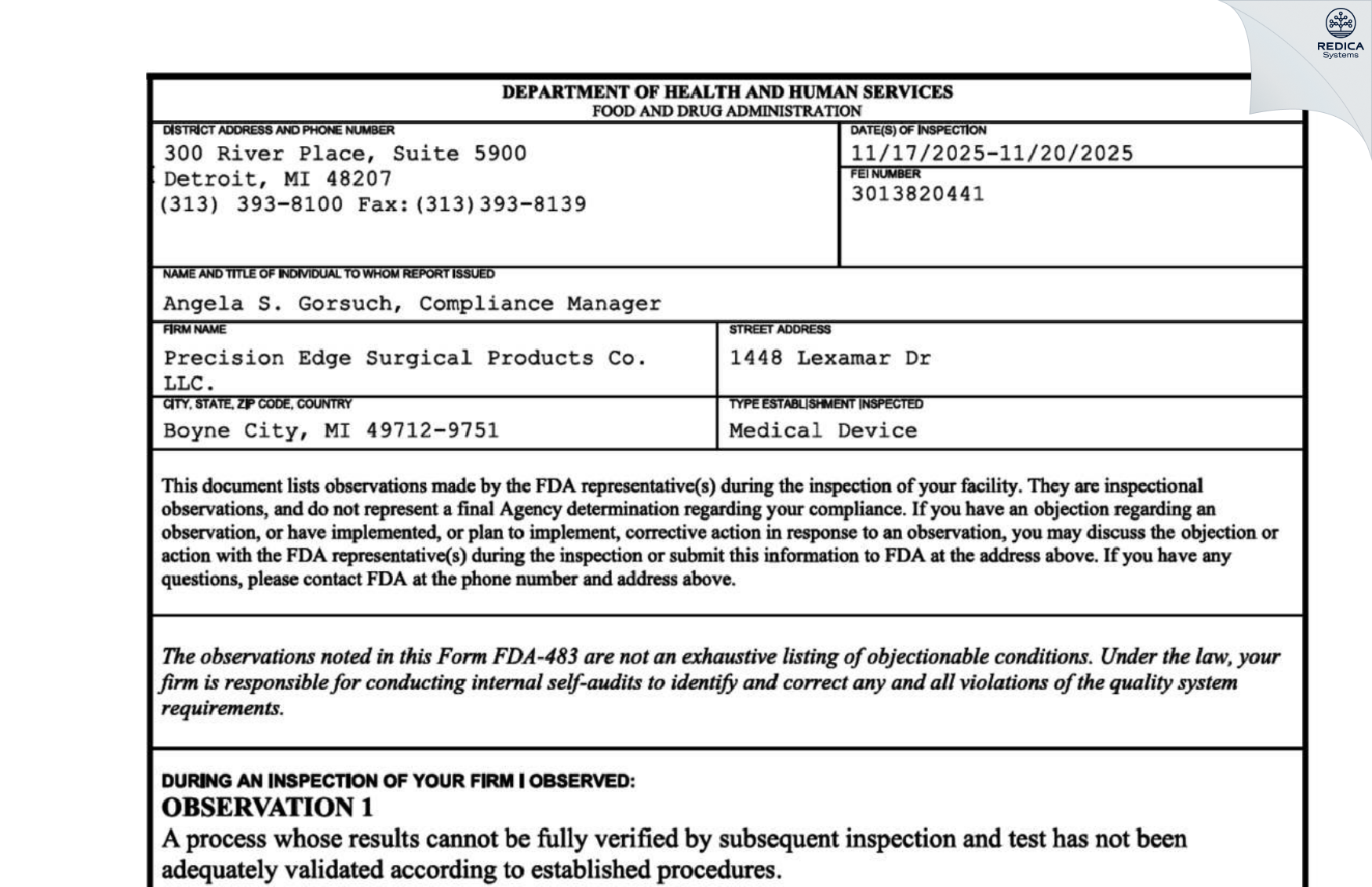 FDA 483 - Precision Edge Surgical Products Co LLC [Boyne City / United States of America] - Download PDF - Redica Systems