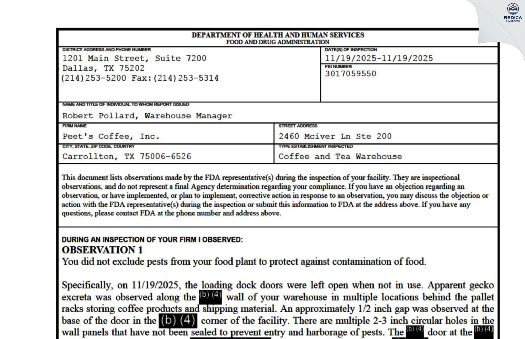 FDA 483 - Peet's Coffee, Inc. [Carrollton / United States of America] - Download PDF - Redica Systems