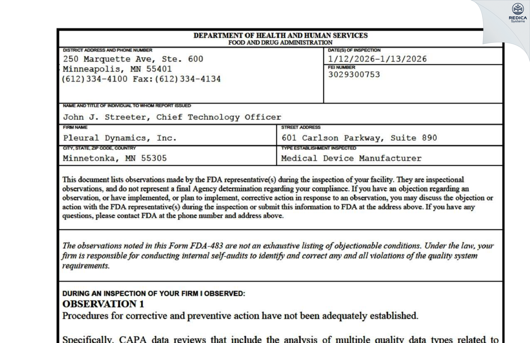 FDA 483 - Pleural Dynamics, Inc. [Wayzata / United States of America] - Download PDF - Redica Systems