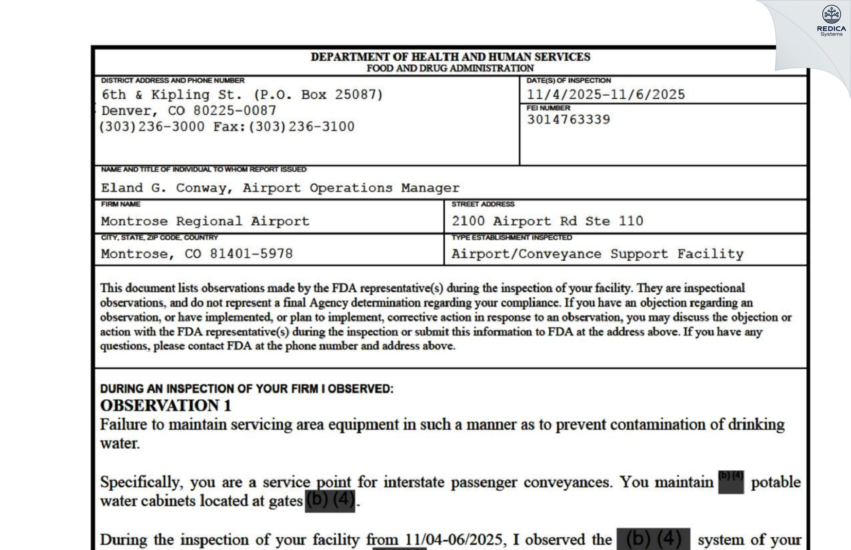 FDA 483 - Montrose Regional Airport [Montrose / United States of America] - Download PDF - Redica Systems