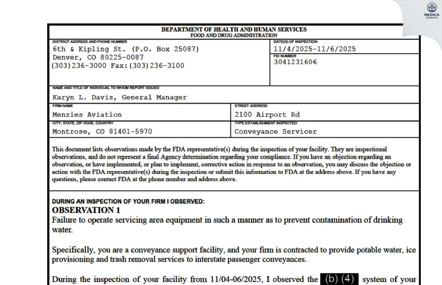 FDA 483 - Menzies Aviation [Montrose / United States of America] - Download PDF - Redica Systems