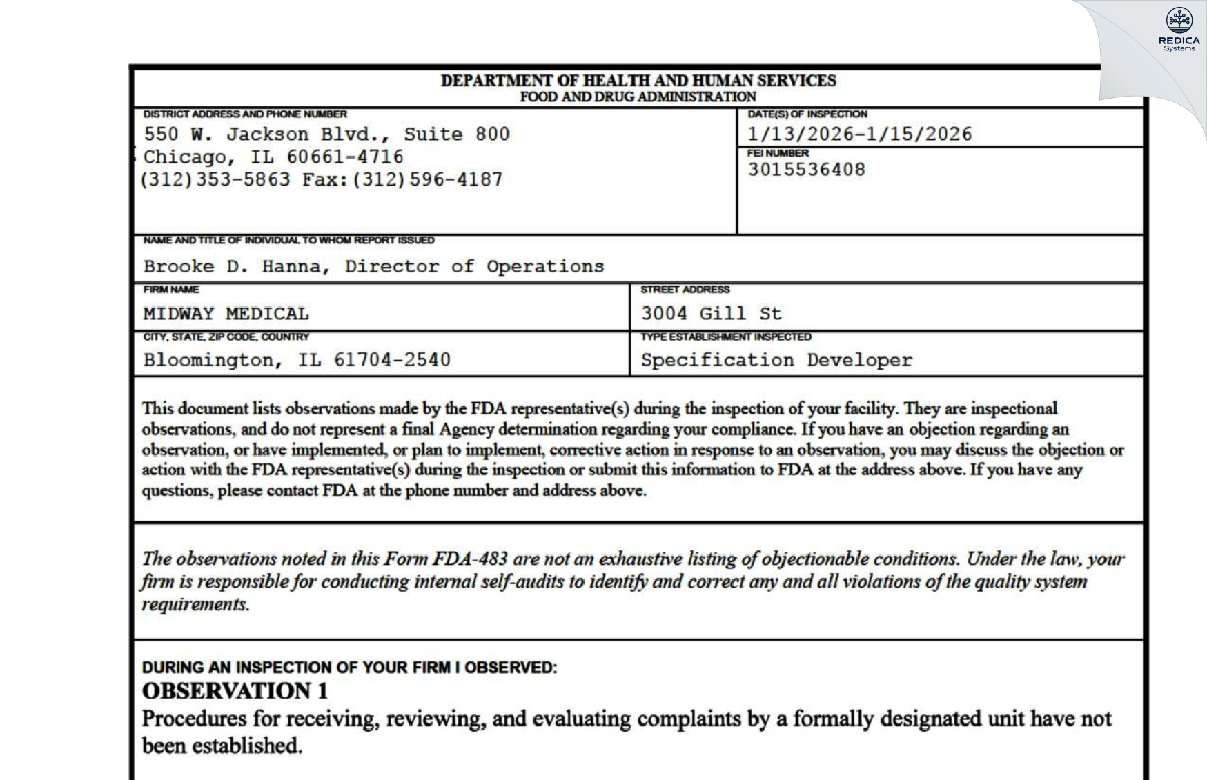 FDA 483 - MIDWAY MEDICAL [Bloomington / United States of America] - Download PDF - Redica Systems