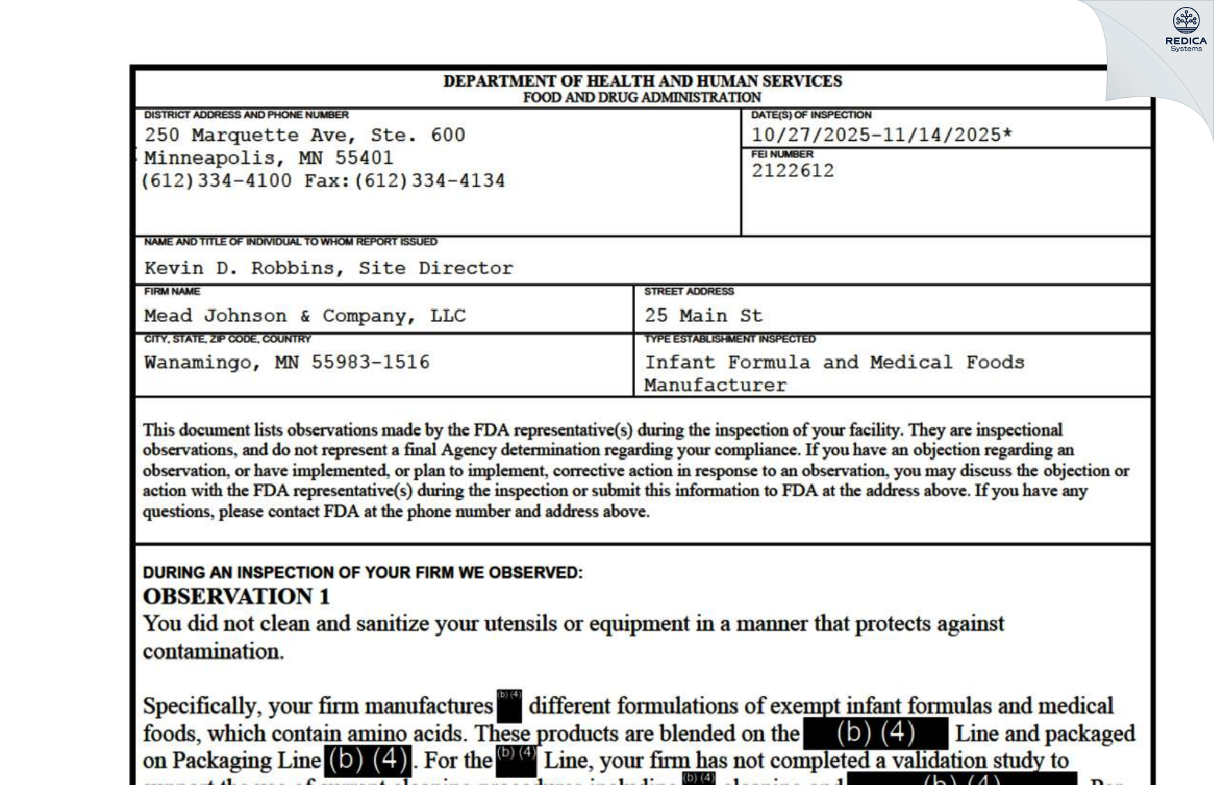 FDA 483 - Mead Johnson and Co., LLC [Wanamingo / United States of America] - Download PDF - Redica Systems