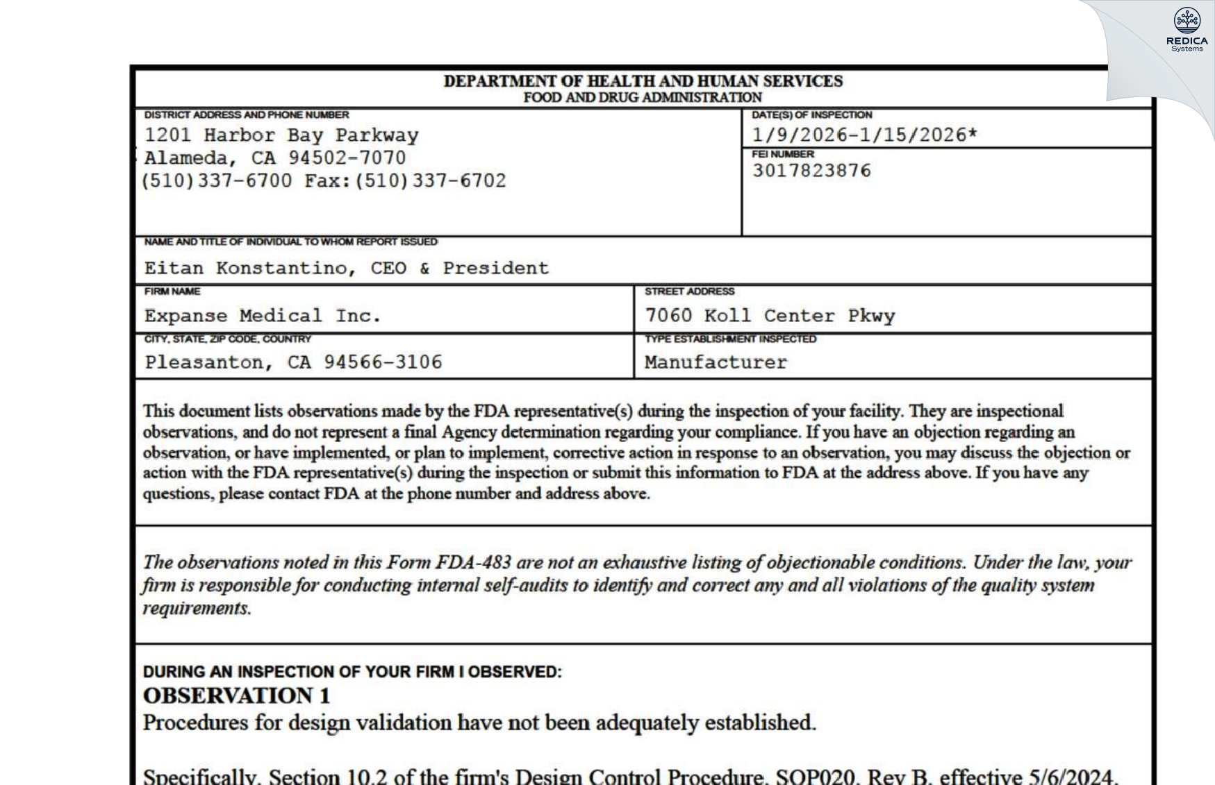 FDA 483 - Expanse Medical Inc. [Pleasanton / United States of America] - Download PDF - Redica Systems