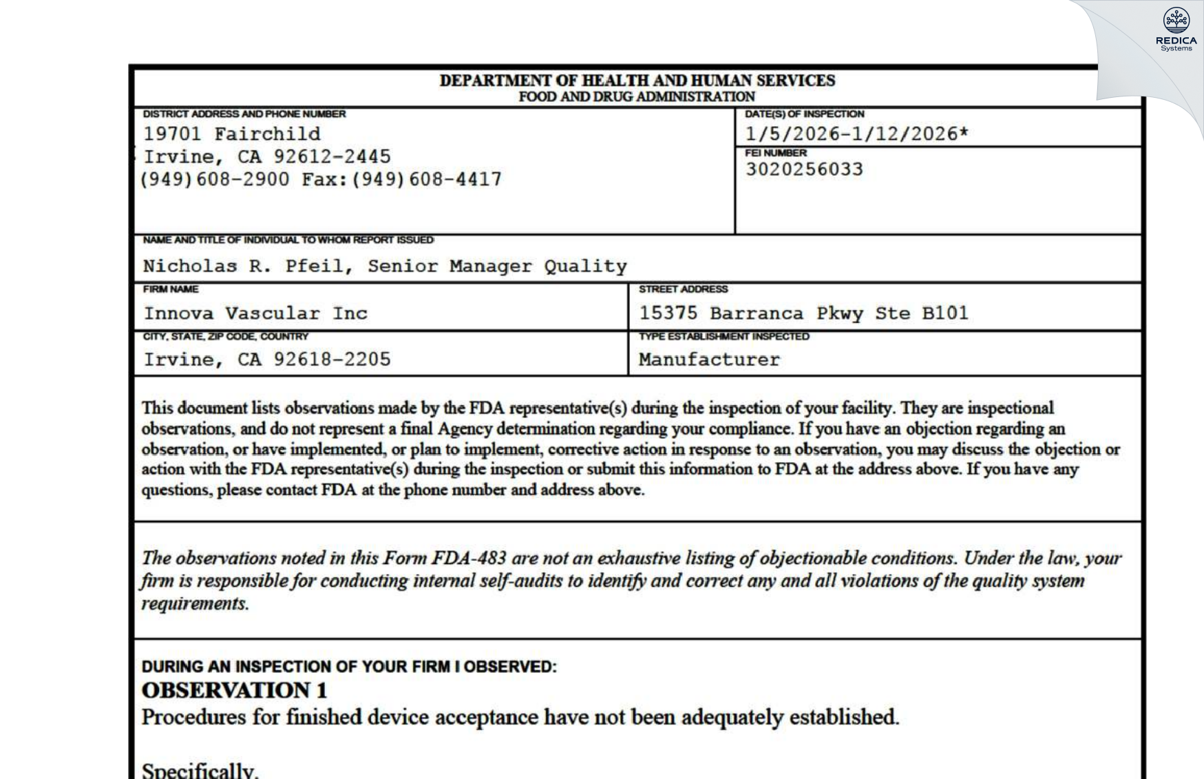 FDA 483 - Innova Vascular, Inc. [Irvine / United States of America] - Download PDF - Redica Systems