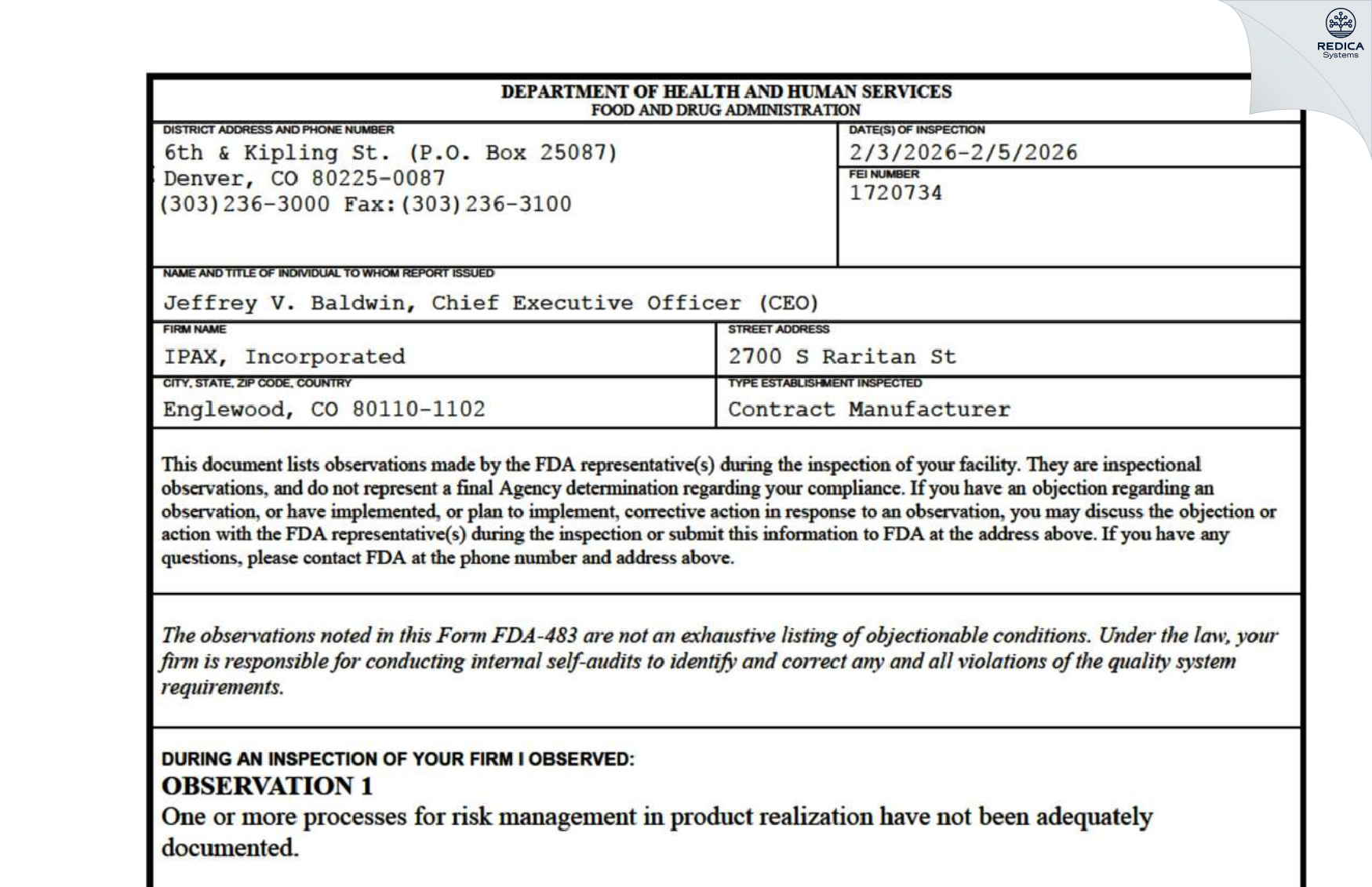 FDA 483 - IPAX, Incorporated [Englewood / United States of America] - Download PDF - Redica Systems
