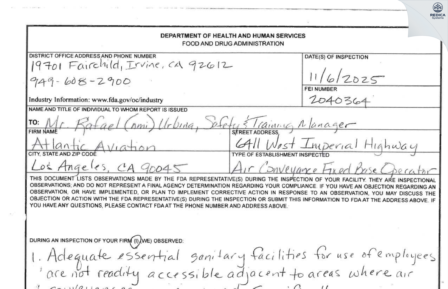 FDA 483 - Atlantic Aviation [Los Angeles / United States of America] - Download PDF - Redica Systems