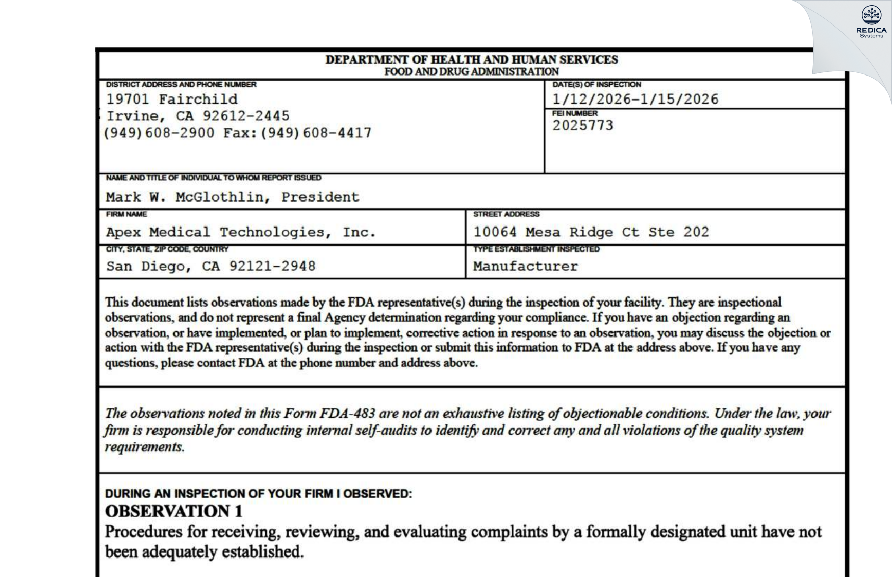 FDA 483 - Apex Medical Technologies, Inc. [San Diego / United States of America] - Download PDF - Redica Systems