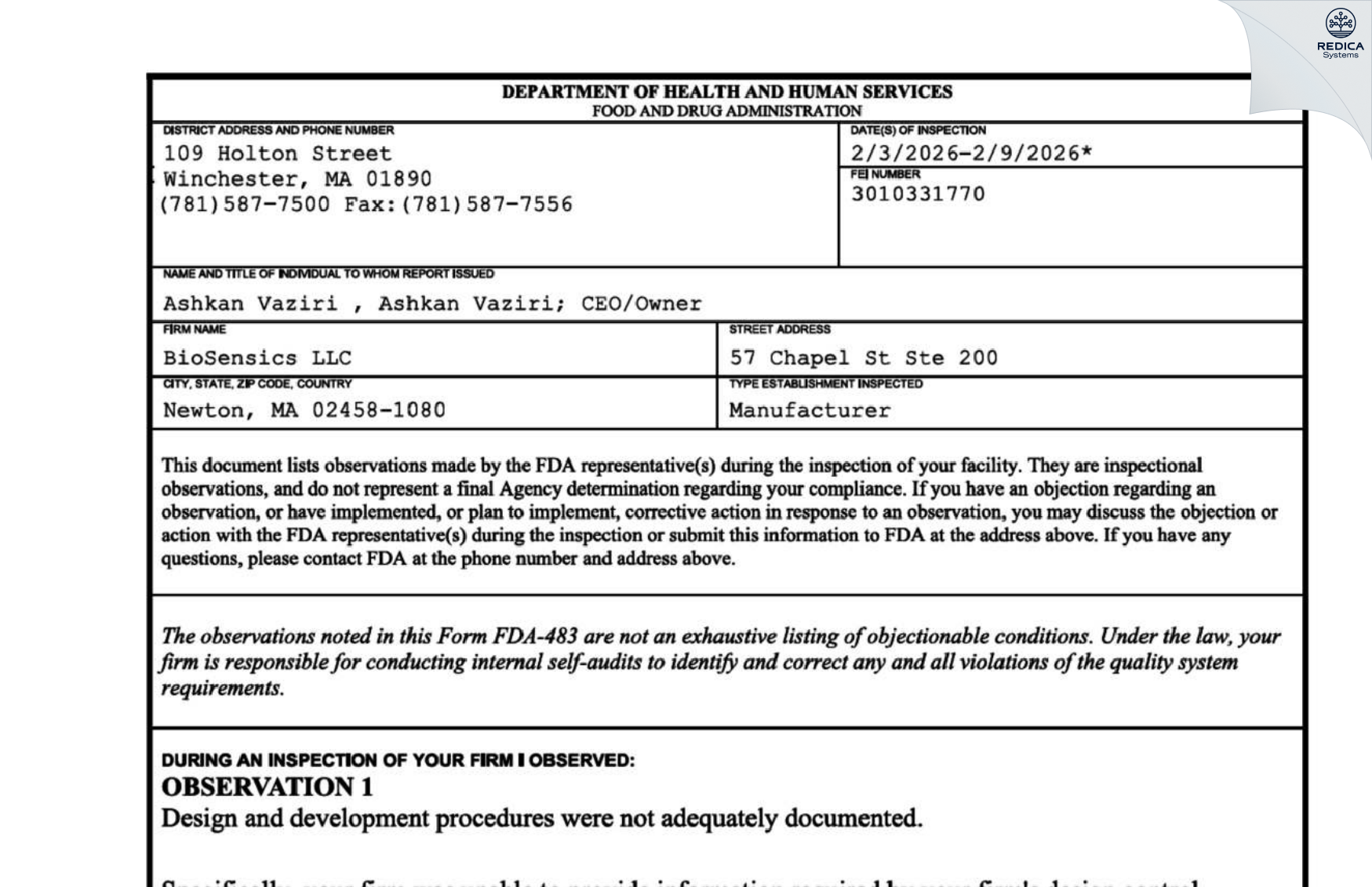 FDA 483 - Biosensics LLC [Newton / United States of America] - Download PDF - Redica Systems
