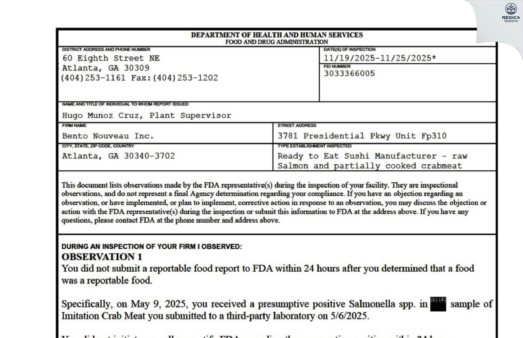 FDA 483 - Bento Nouveau Inc. [Atlanta / United States of America] - Download PDF - Redica Systems