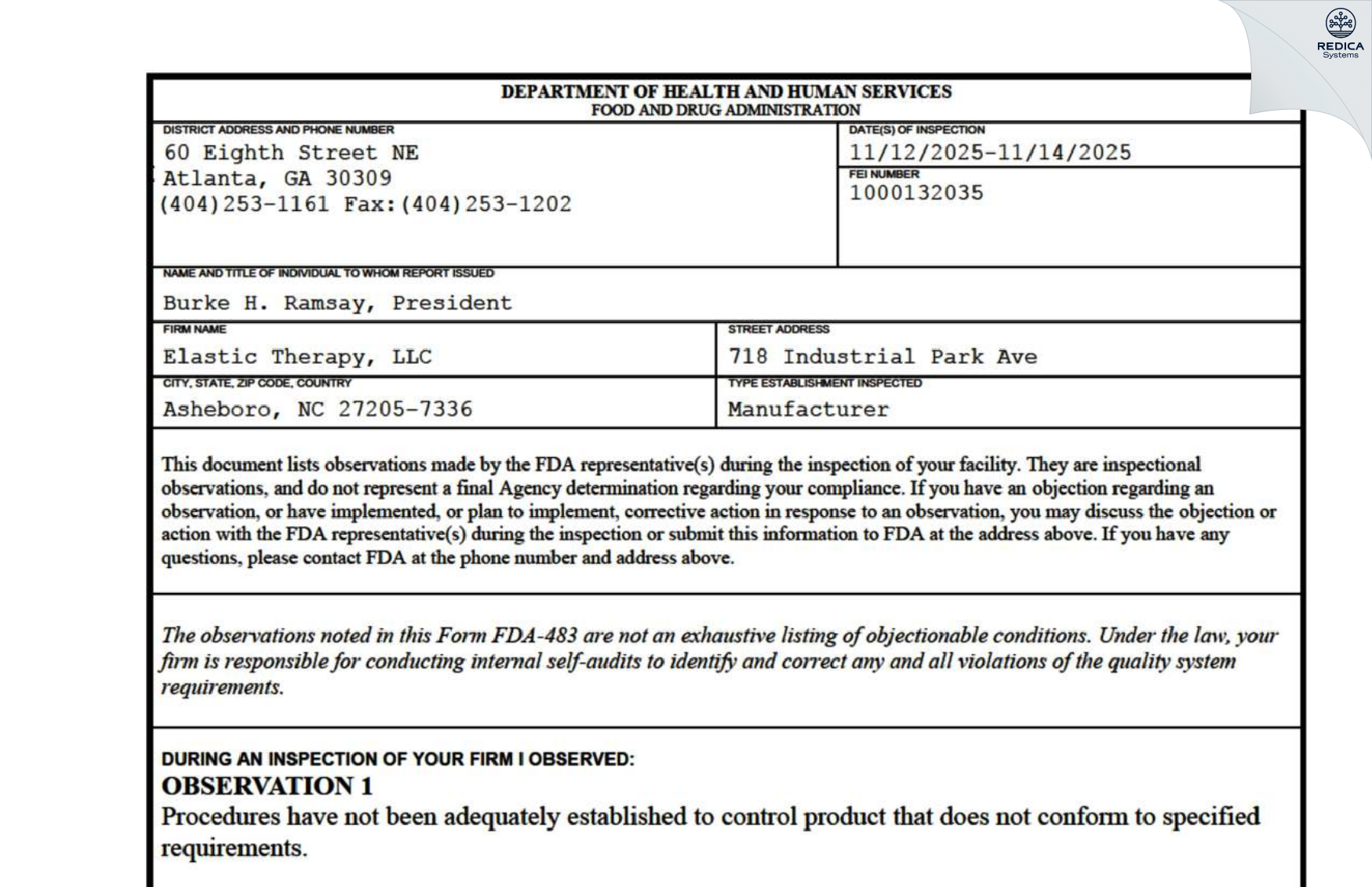 FDA 483 - Elastic Therapy, LLC [Asheboro / United States of America] - Download PDF - Redica Systems