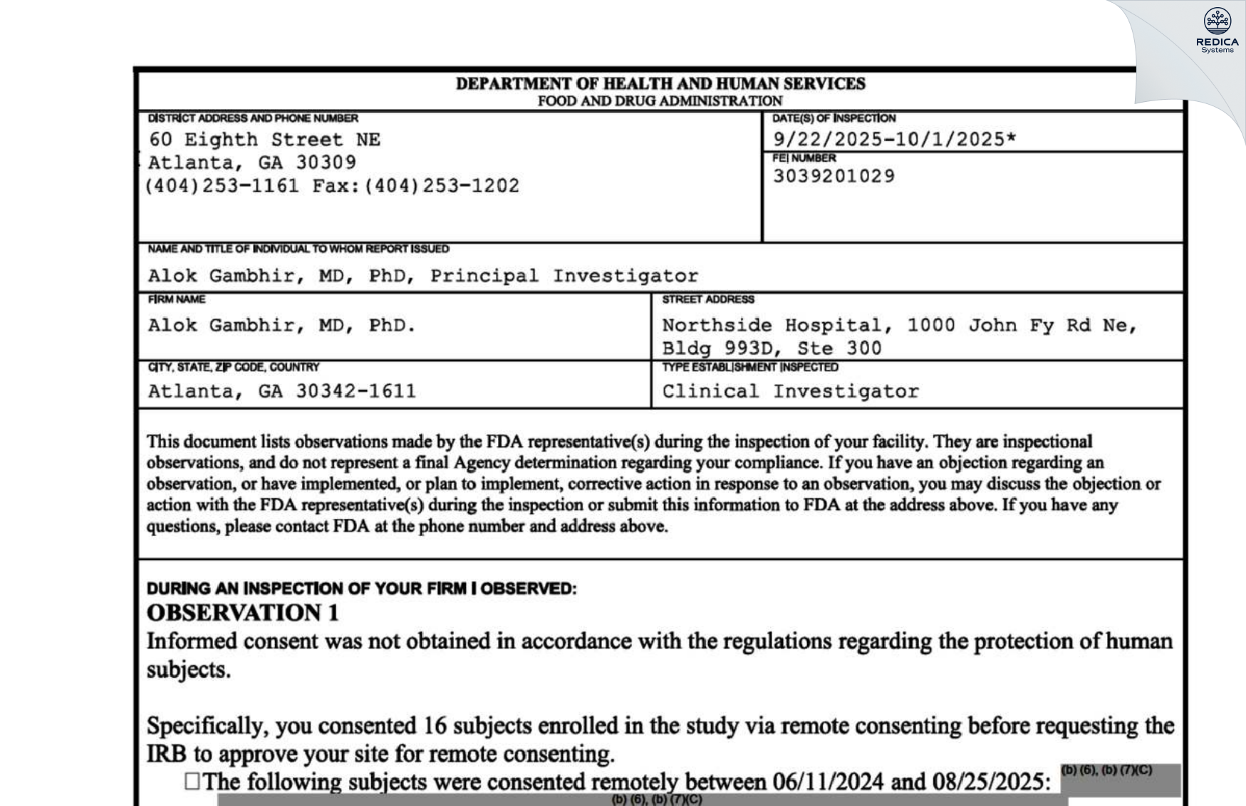FDA 483 - Alok Gambhir, MD, PhD. [Atlanta / United States of America] - Download PDF - Redica Systems