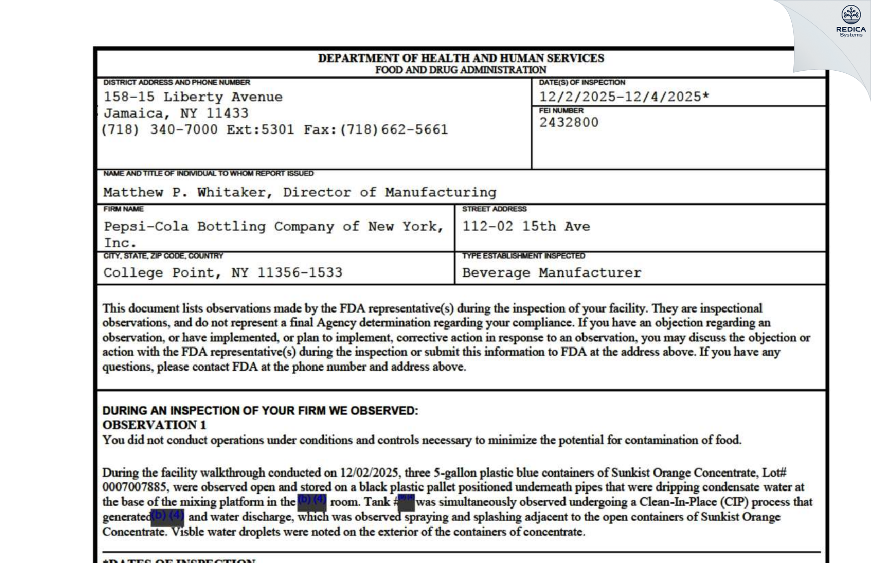 FDA 483 - Pepsi Cola Bottling Company of New York, Inc. [College Point / United States of America] - Download PDF - Redica Systems