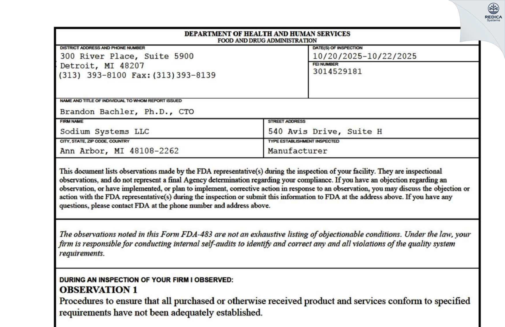 FDA 483 - SODIUM SYSTEMS, LLC [Ann Arbor / United States of America] - Download PDF - Redica Systems