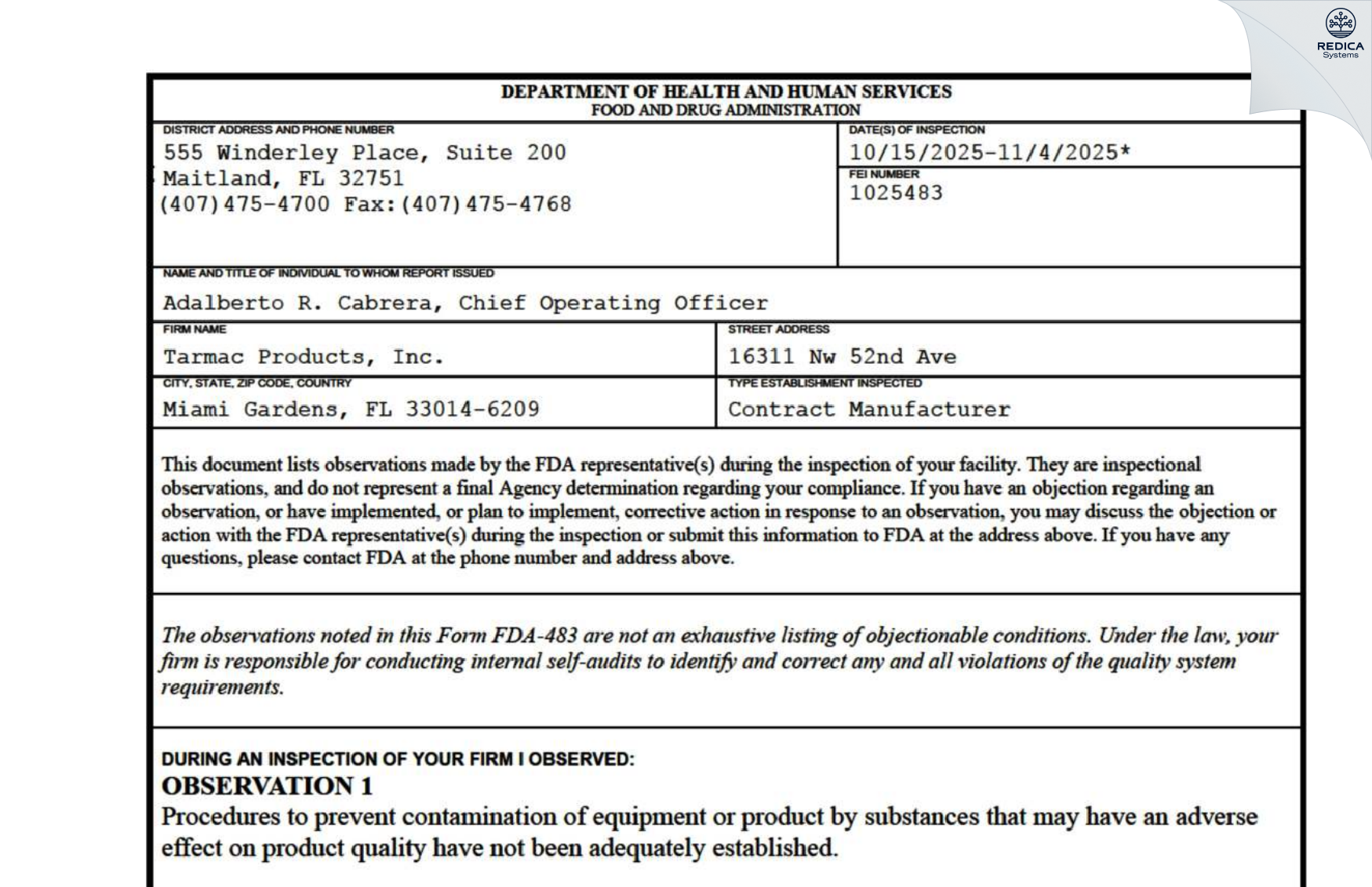 FDA 483 - Tarmac Products, Inc. [Hialeah / United States of America] - Download PDF - Redica Systems