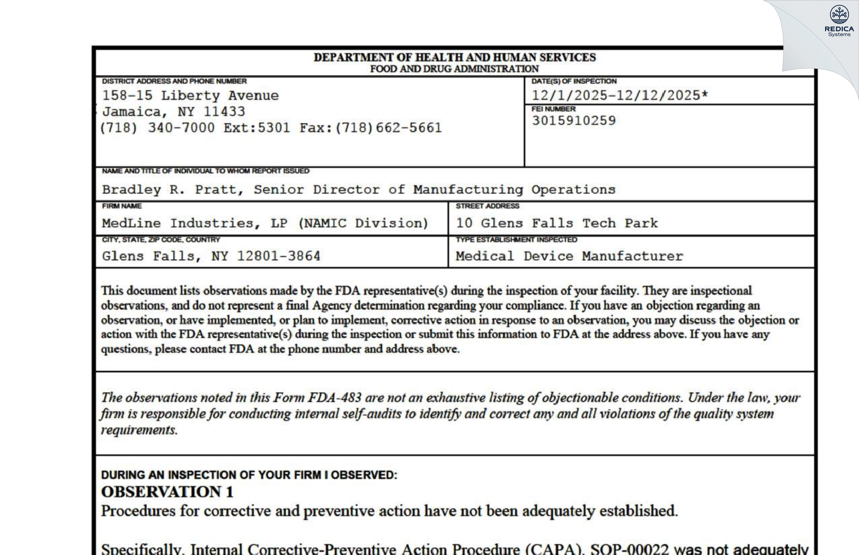 FDA 483 - Medline Industries (NAMIC Division) - Glen Falls [Glens Falls / United States of America] - Download PDF - Redica Systems
