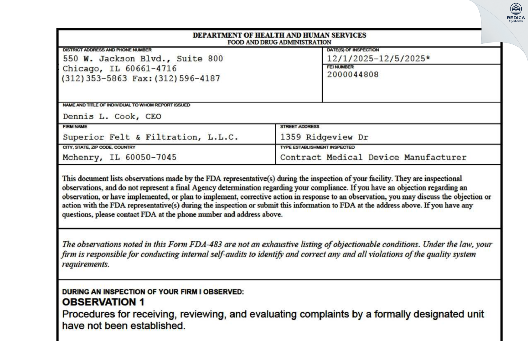 FDA 483 - SUPERIOR FELT & FILTRATION, LLC [Mchenry / United States of America] - Download PDF - Redica Systems