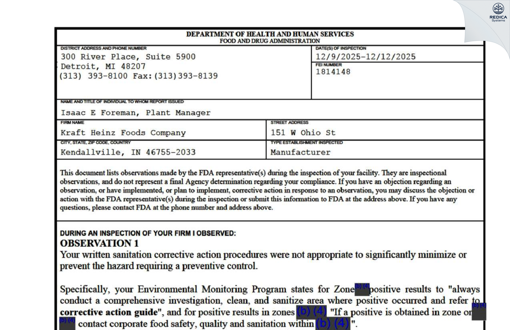 FDA 483 - Kraft Heinz Foods Company [Kendallville / United States of America] - Download PDF - Redica Systems