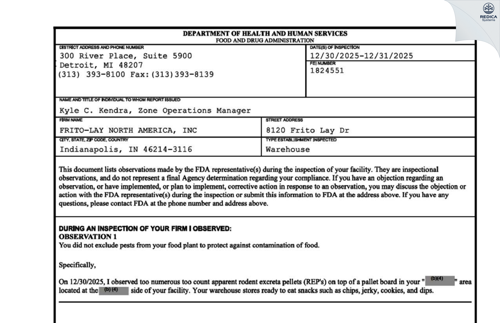 FDA 483 - Rolling Frito Lay Sales [Indianapolis / United States of America] - Download PDF - Redica Systems