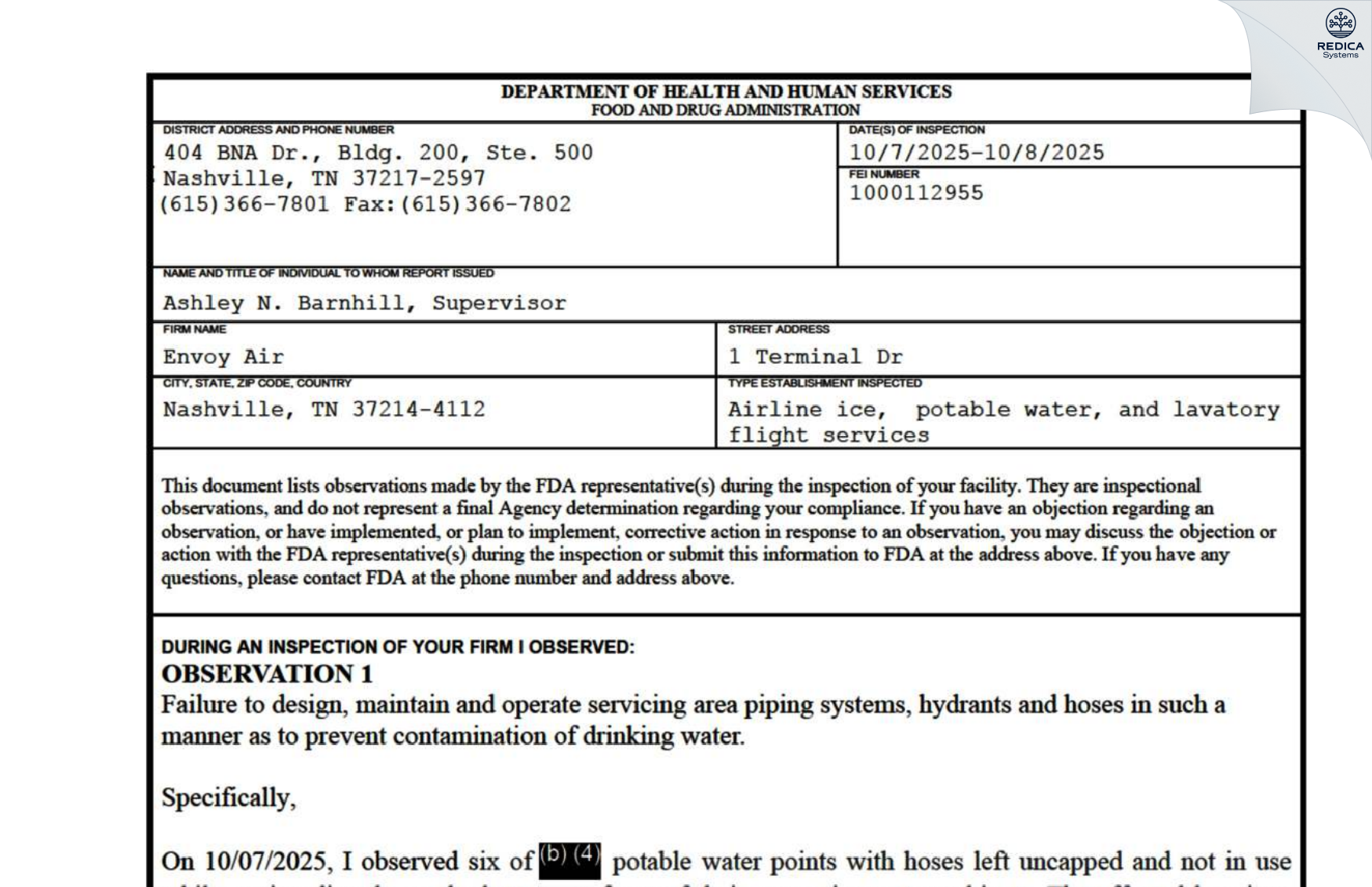 FDA 483 - Envoy Air [Nashville / United States of America] - Download PDF - Redica Systems