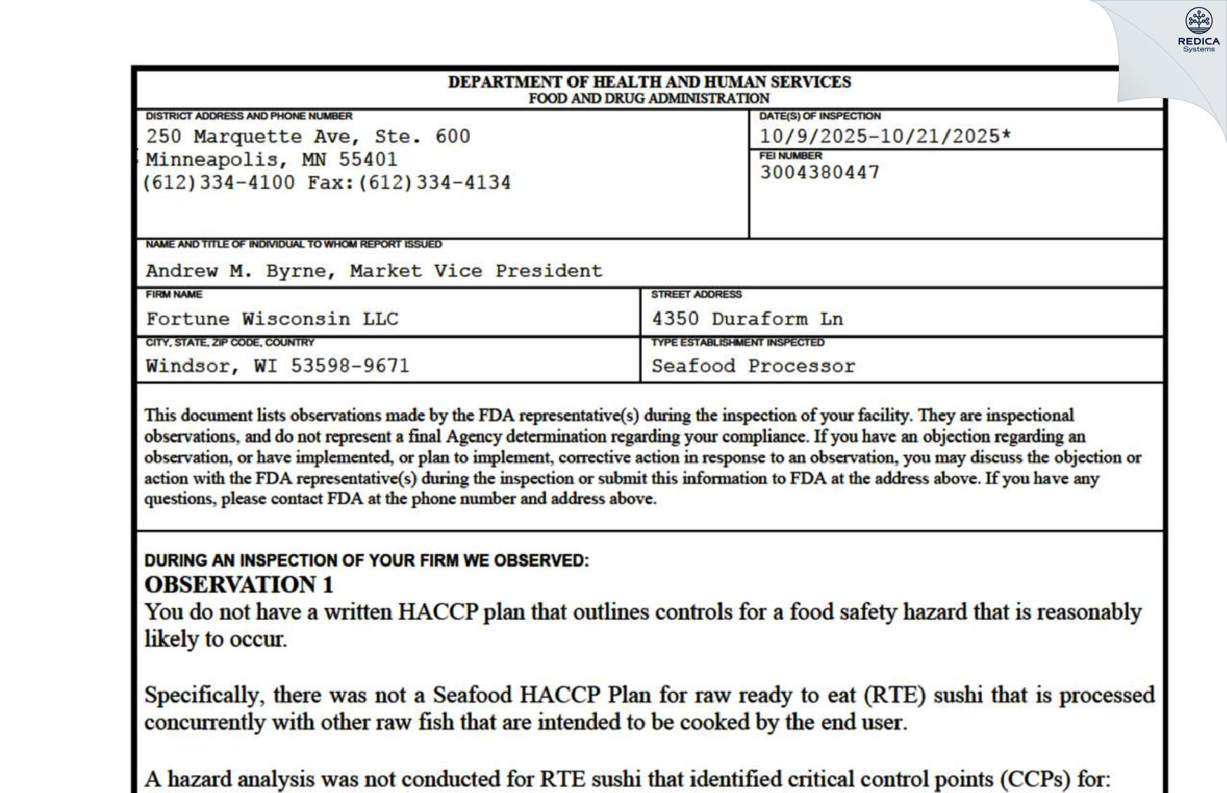 FDA 483 - Fortune Wisconsin LLC [Windsor / United States of America] - Download PDF - Redica Systems