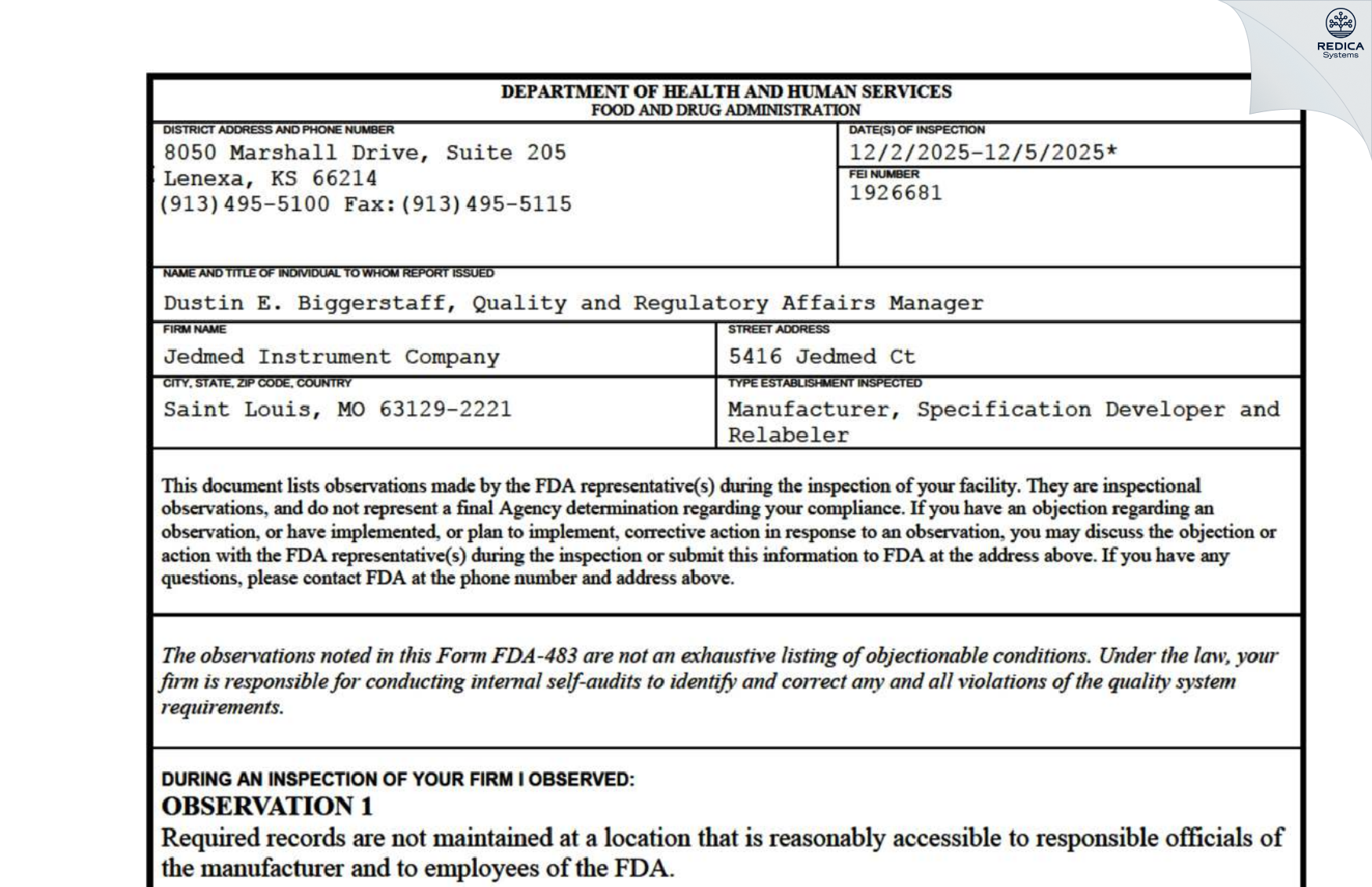 FDA 483 - Jedmed Instrument Co [Saint Louis / United States of America] - Download PDF - Redica Systems