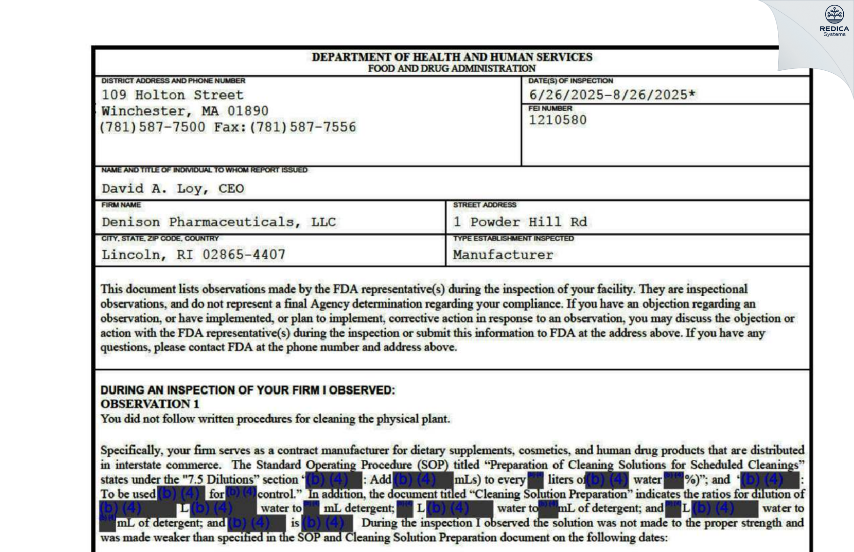 FDA 483 - Denison Pharmaceuticals, LLC [Lincoln / United States of America] - Download PDF - Redica Systems