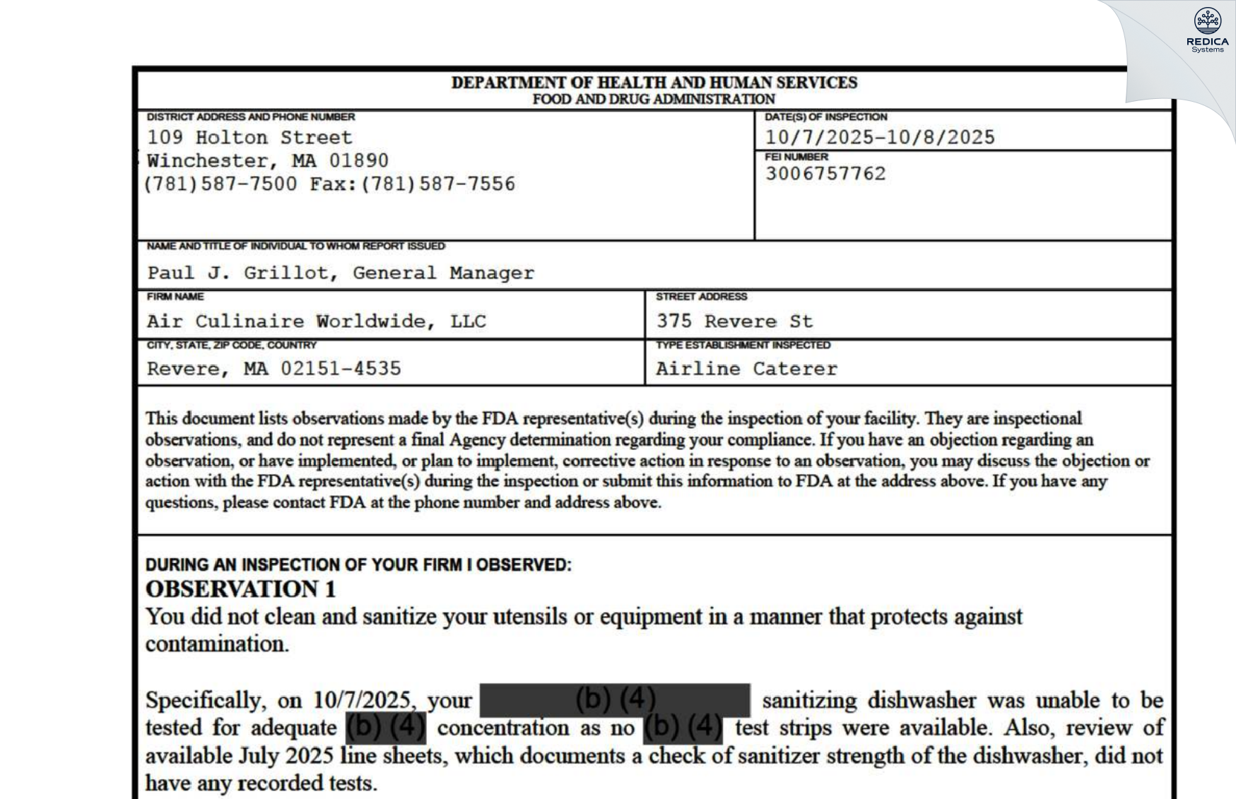 FDA 483 - Air Culinaire Worldwide, LLC [Revere / United States of America] - Download PDF - Redica Systems
