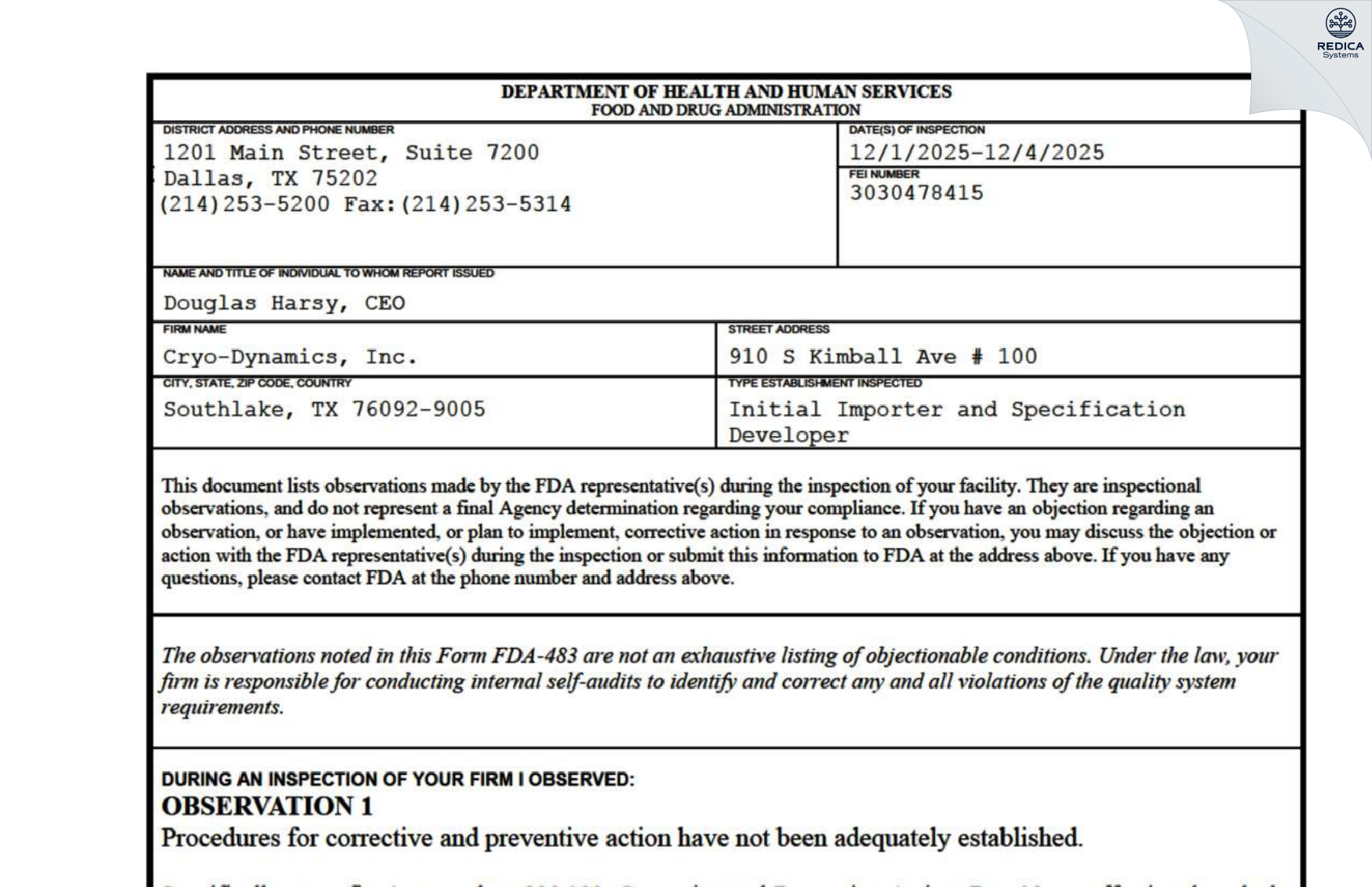FDA 483 - CRYO-DYNAMICS INC. [Southlake / United States of America] - Download PDF - Redica Systems