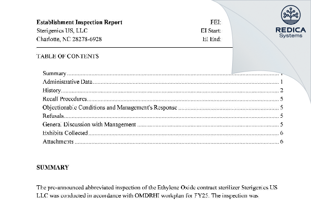 EIR - Sterigenics US, LLC [Charlotte / United States of America] - Download PDF - Redica Systems